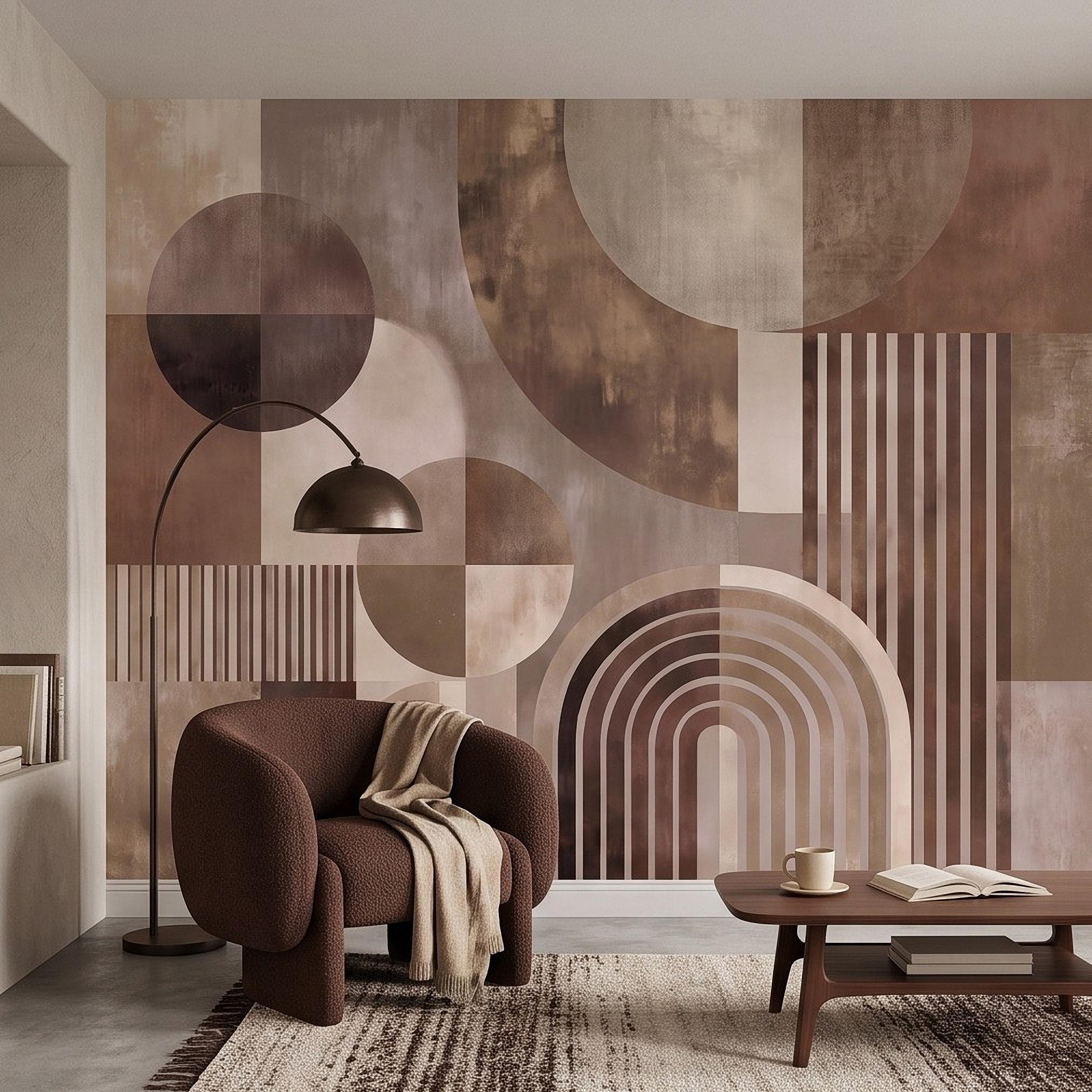 Abstract Geometric Peel and Stick Wall Mural, Neutral Brown Arches Circles Modern Mid Century Texture Wallpaper