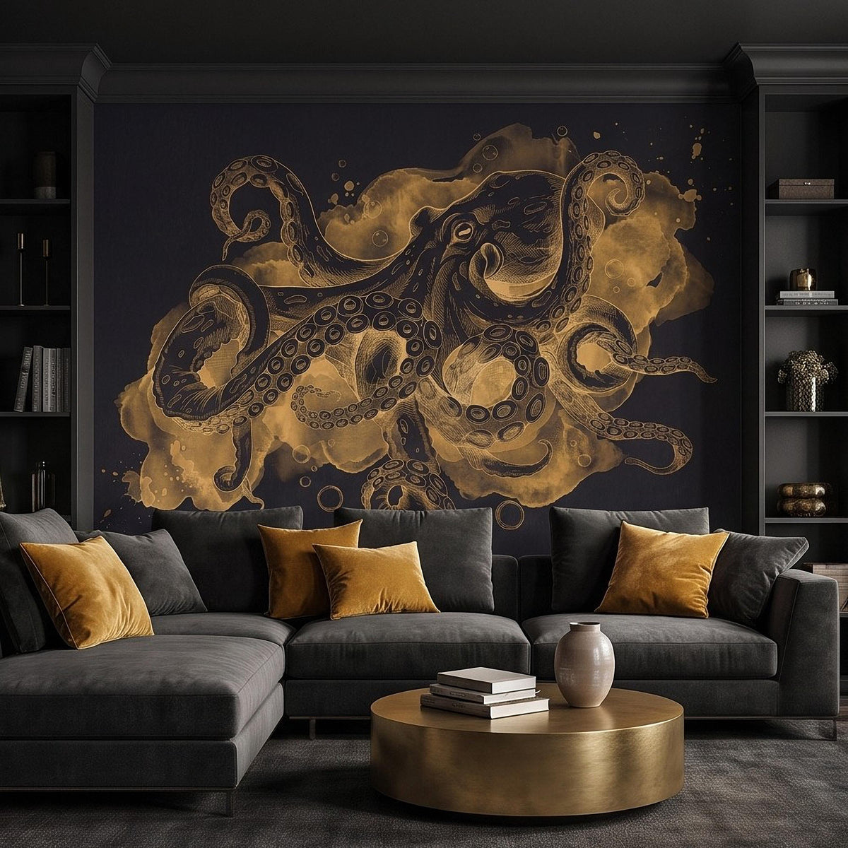 Vintage Octopus Peel and Stick Wall Mural, Antique Ink Drawing Dark Nautical Marine Engraving Watercolor Scientific Illustration Wallpaper - The Fine Art Murals