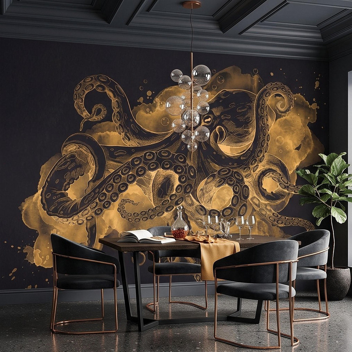 Vintage Octopus Peel and Stick Wall Mural, Antique Ink Drawing Dark Nautical Marine Engraving Watercolor Scientific Illustration Wallpaper - The Fine Art Murals