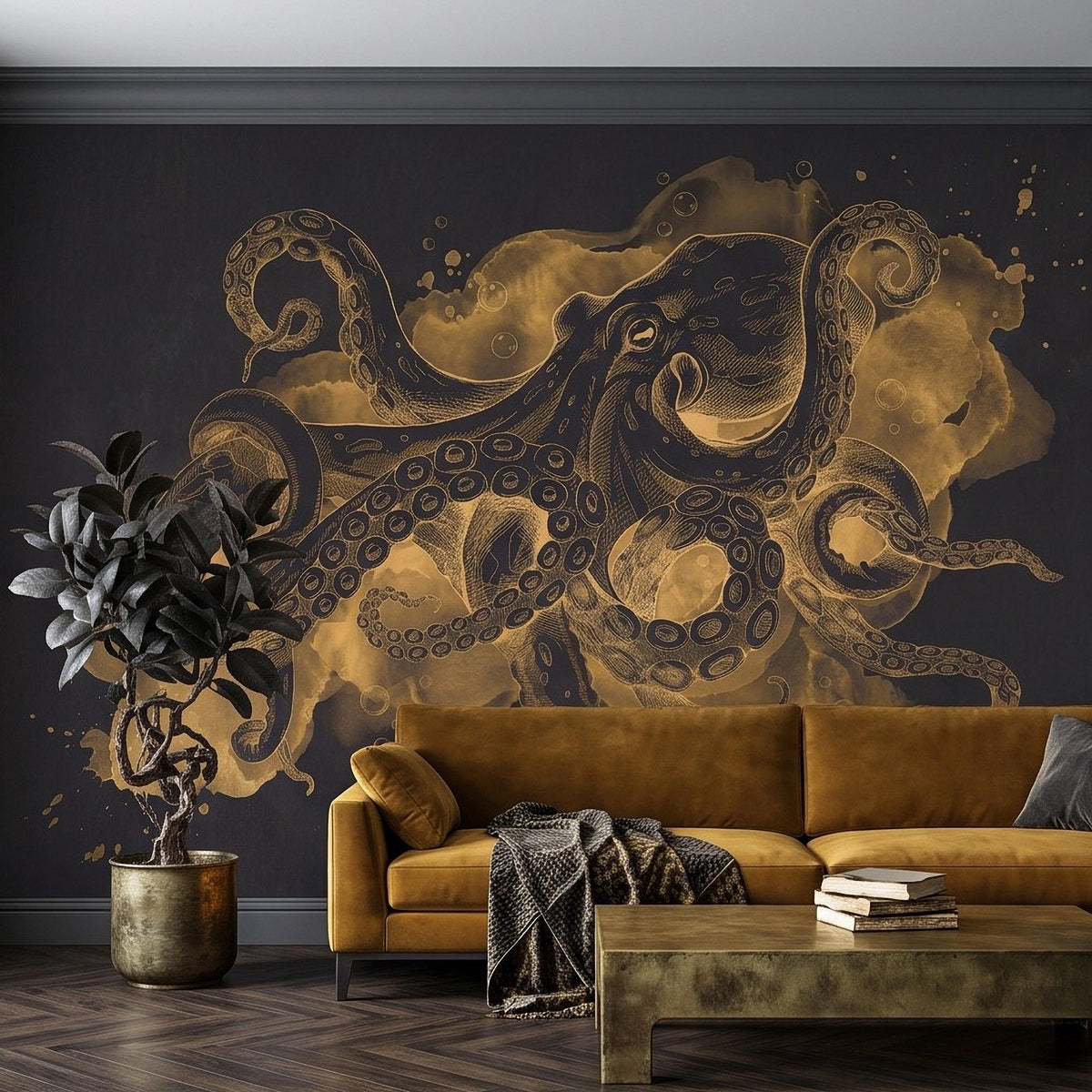 Vintage Octopus Peel and Stick Wall Mural, Antique Ink Drawing Dark Nautical Marine Engraving Watercolor Scientific Illustration Wallpaper - The Fine Art Murals