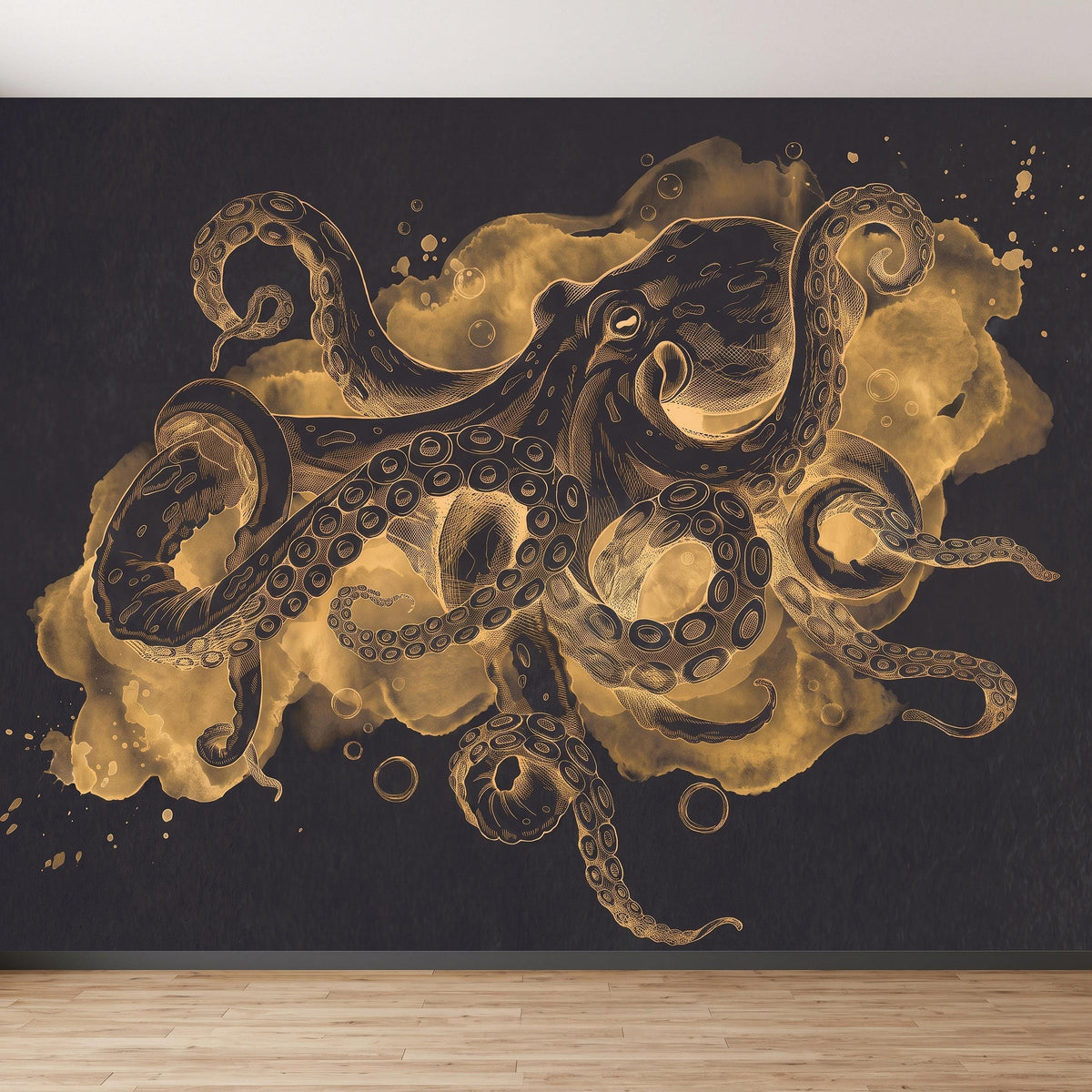 Vintage Octopus Peel and Stick Wall Mural, Antique Ink Drawing Dark Nautical Marine Engraving Watercolor Scientific Illustration Wallpaper - The Fine Art Murals