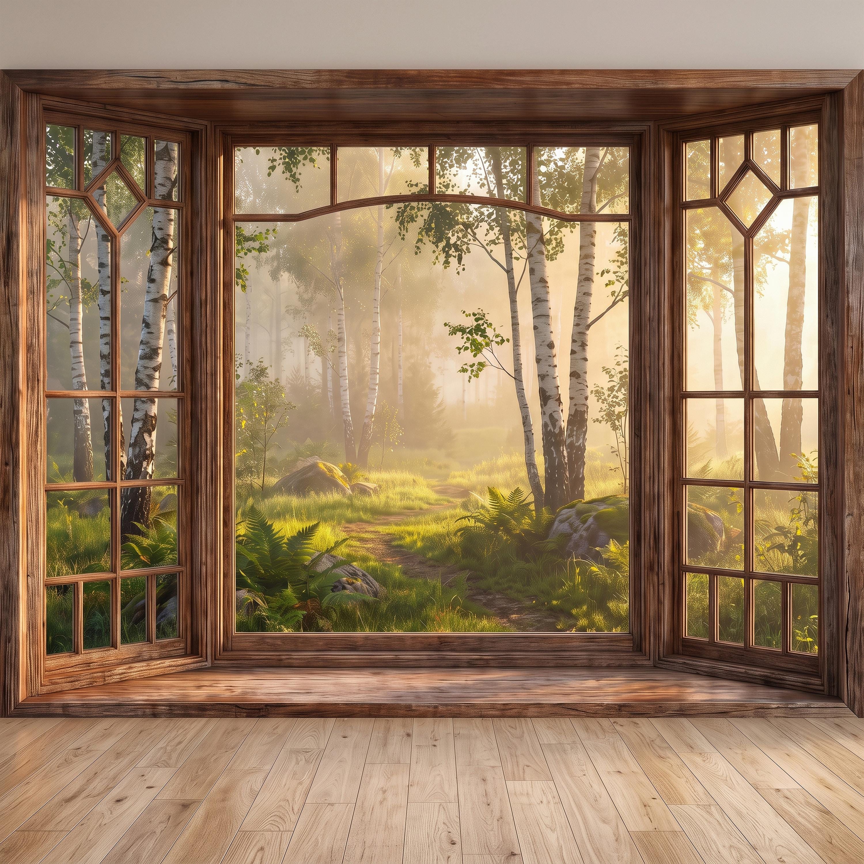 Wood Framed Window Peel and Stick Wall Mural, Birch Forest Sunrise Trompe L'Oeil Woodland Landscape Wallpaper