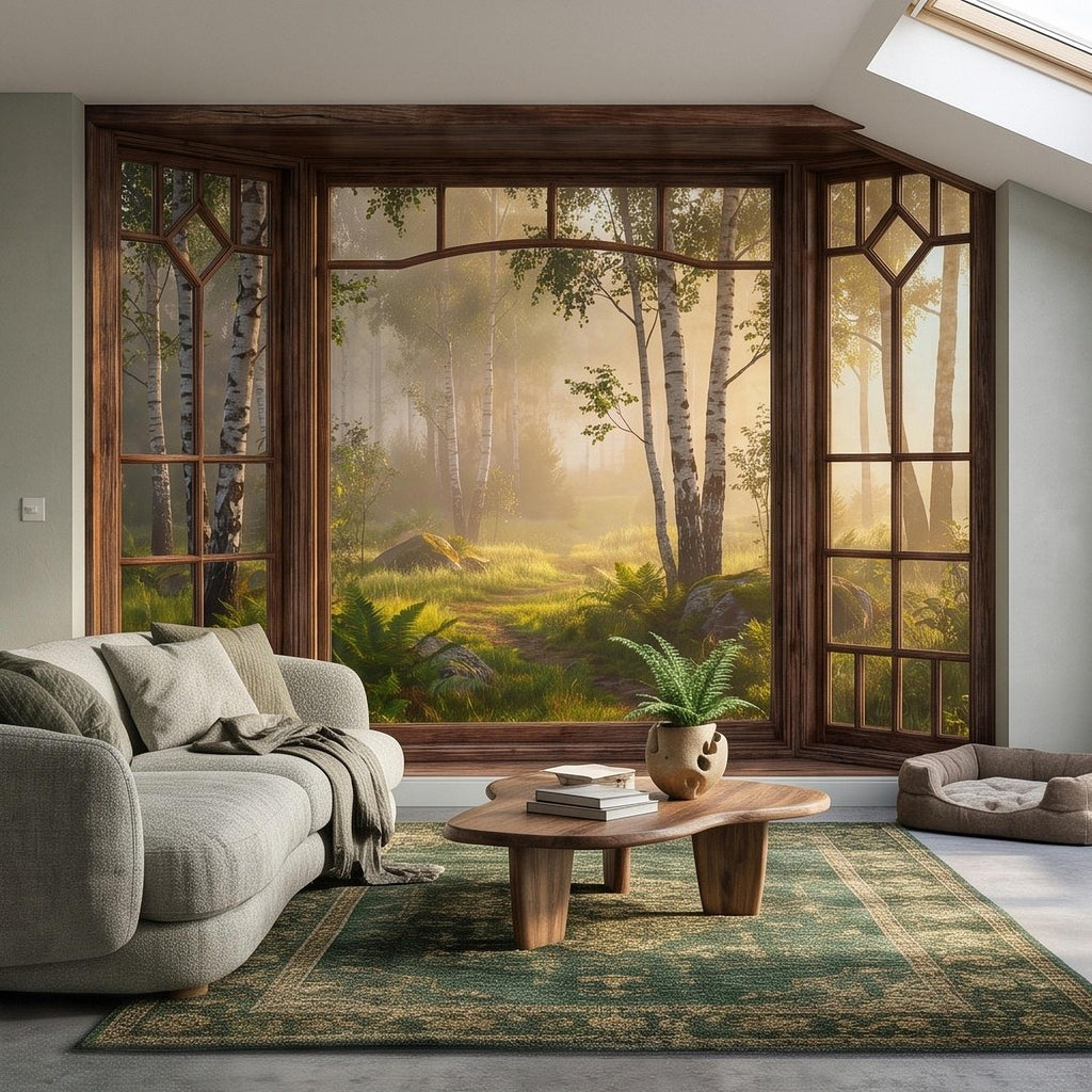 Wood Framed Window Peel and Stick Wall Mural, Birch Forest Sunrise Trompe L'Oeil Woodland Landscape Wallpaper
