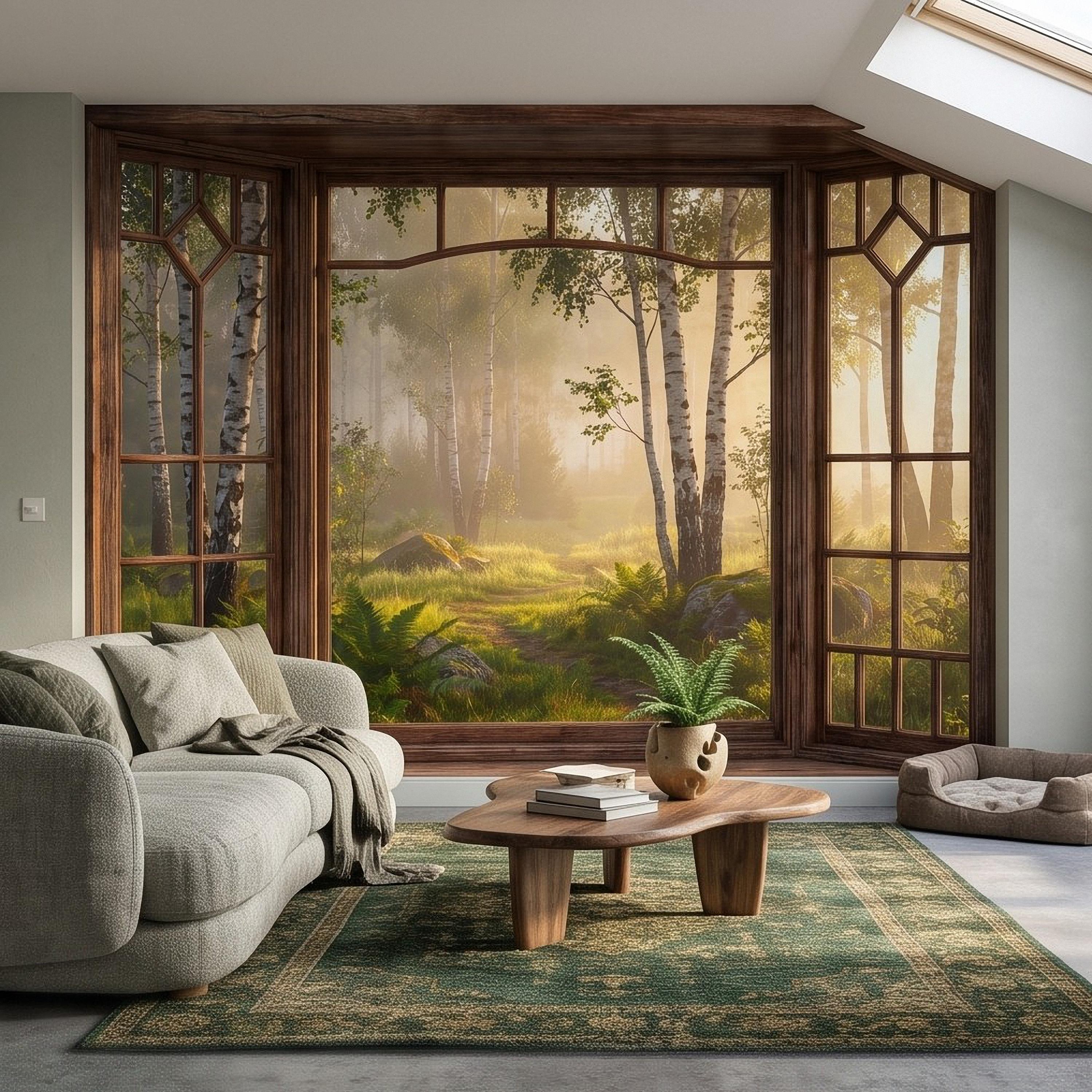 Wood Framed Window Peel and Stick Wall Mural, Birch Forest Sunrise Trompe L'Oeil Woodland Landscape Wallpaper