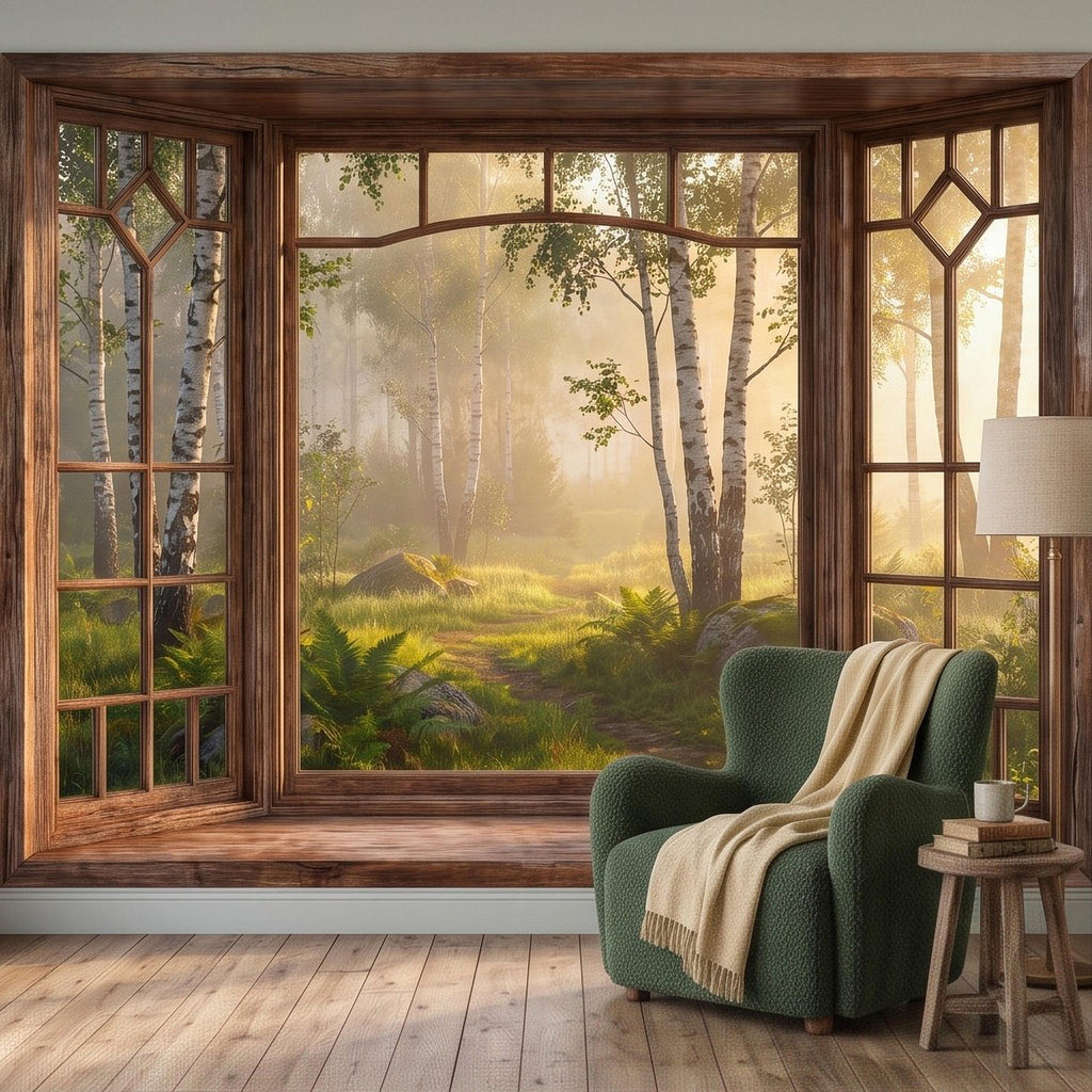 Wood Framed Window Peel and Stick Wall Mural, Birch Forest Sunrise Trompe L'Oeil Woodland Landscape Wallpaper