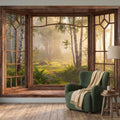 Wood Framed Window Peel and Stick Wall Mural, Birch Forest Sunrise Trompe L'Oeil Woodland Landscape Wallpaper