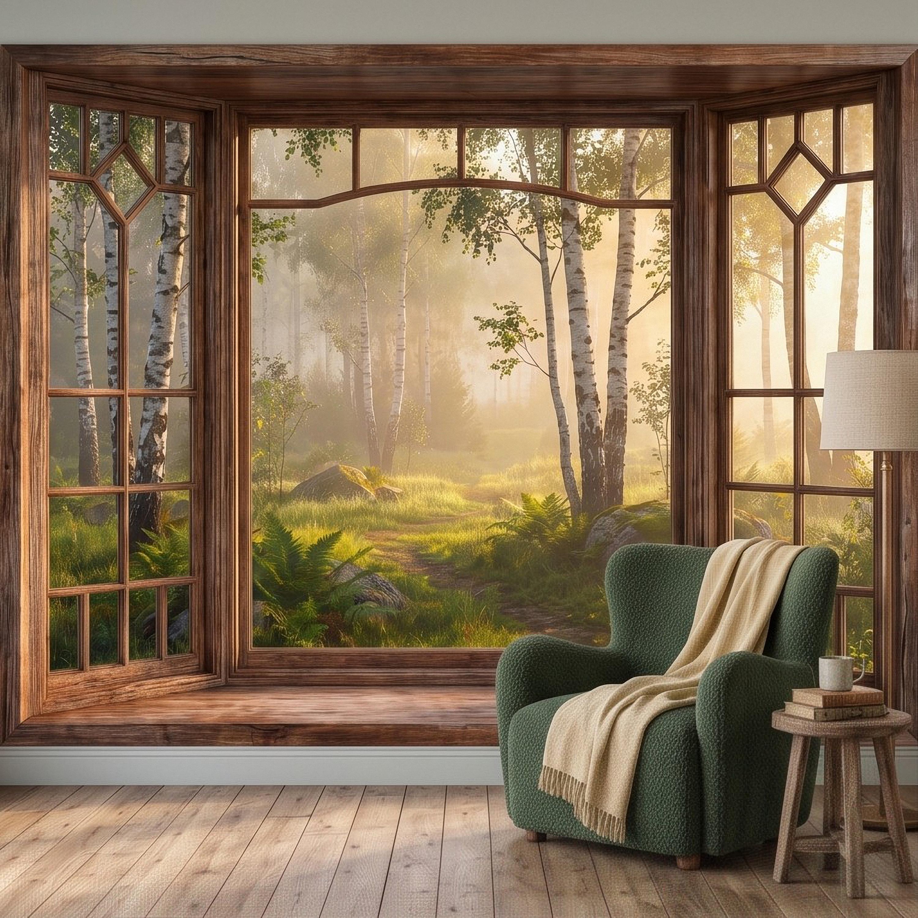 Wood Framed Window Peel and Stick Wall Mural, Birch Forest Sunrise Trompe L'Oeil Woodland Landscape Wallpaper