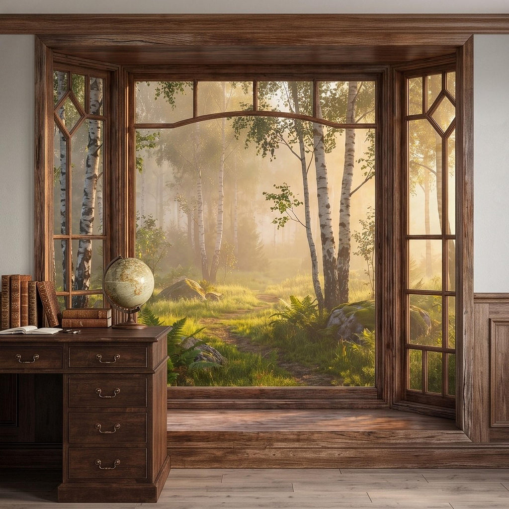Wood Framed Window Peel and Stick Wall Mural, Birch Forest Sunrise Trompe L'Oeil Woodland Landscape Wallpaper