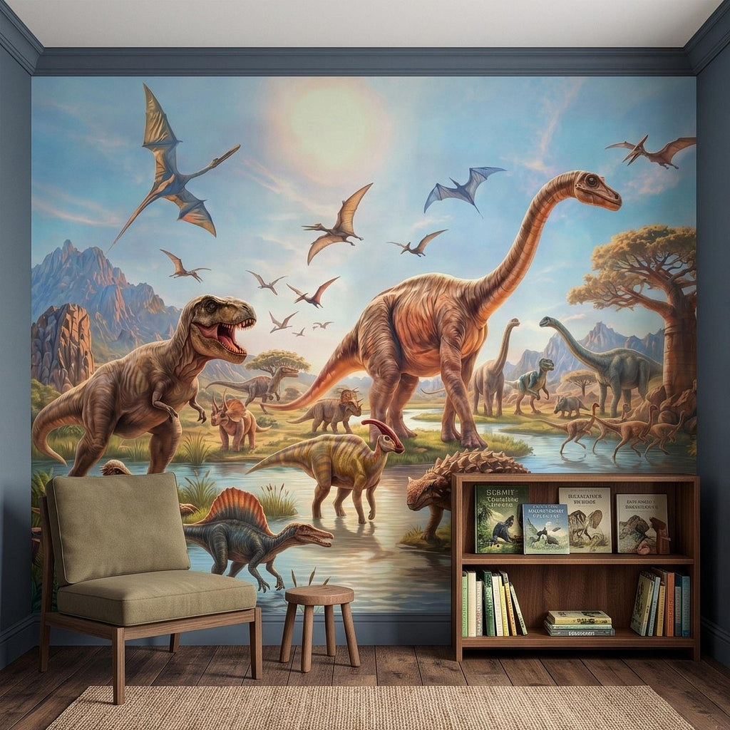 Dinosaur Adventure Peel and Stick Wall Mural, Prehistoric Jurassic Landscape Dinosaur World Kids Fantasy Scenic Illustration Wallpaper