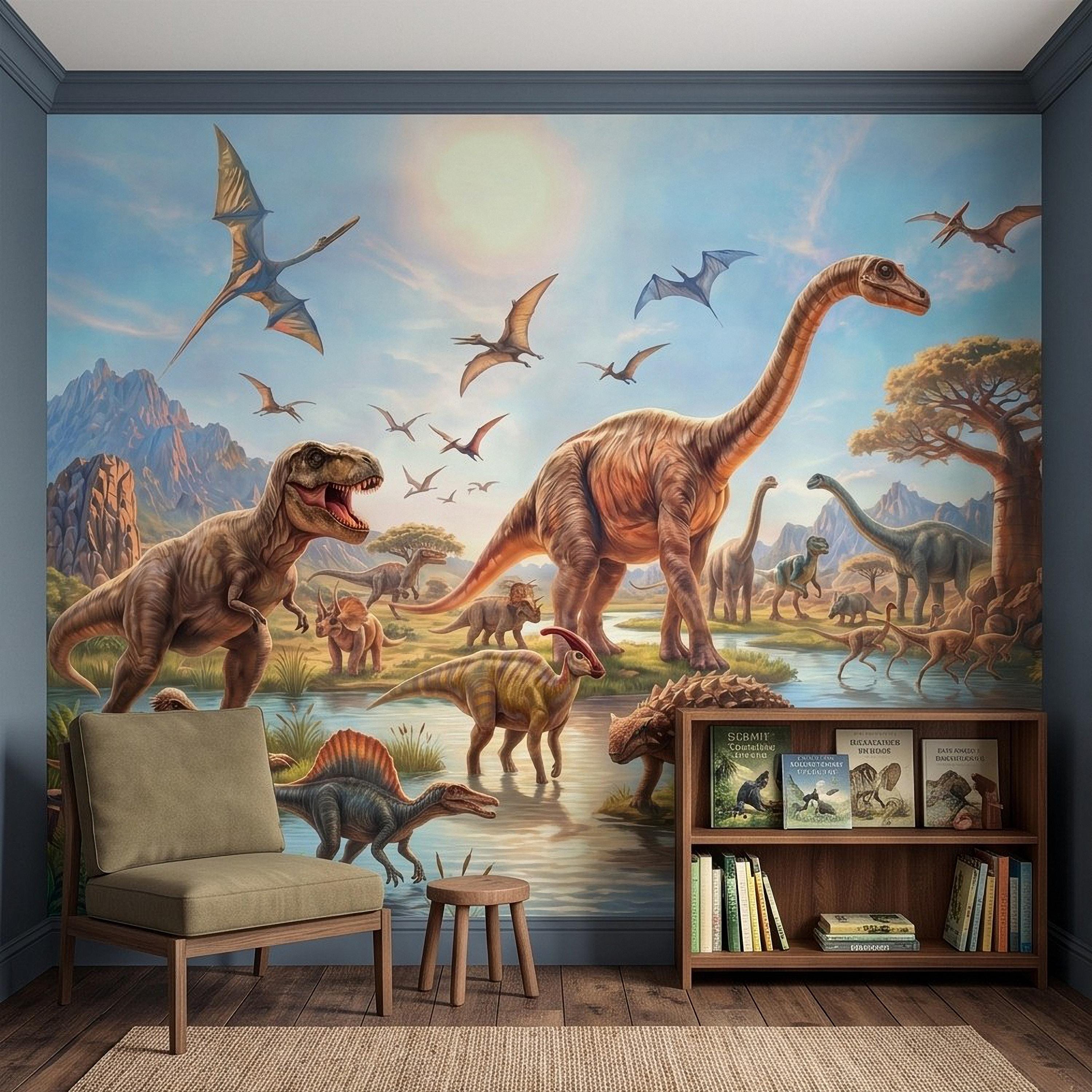 Dinosaur Adventure Peel and Stick Wall Mural, Prehistoric Jurassic Landscape Dinosaur World Kids Fantasy Scenic Illustration Wallpaper
