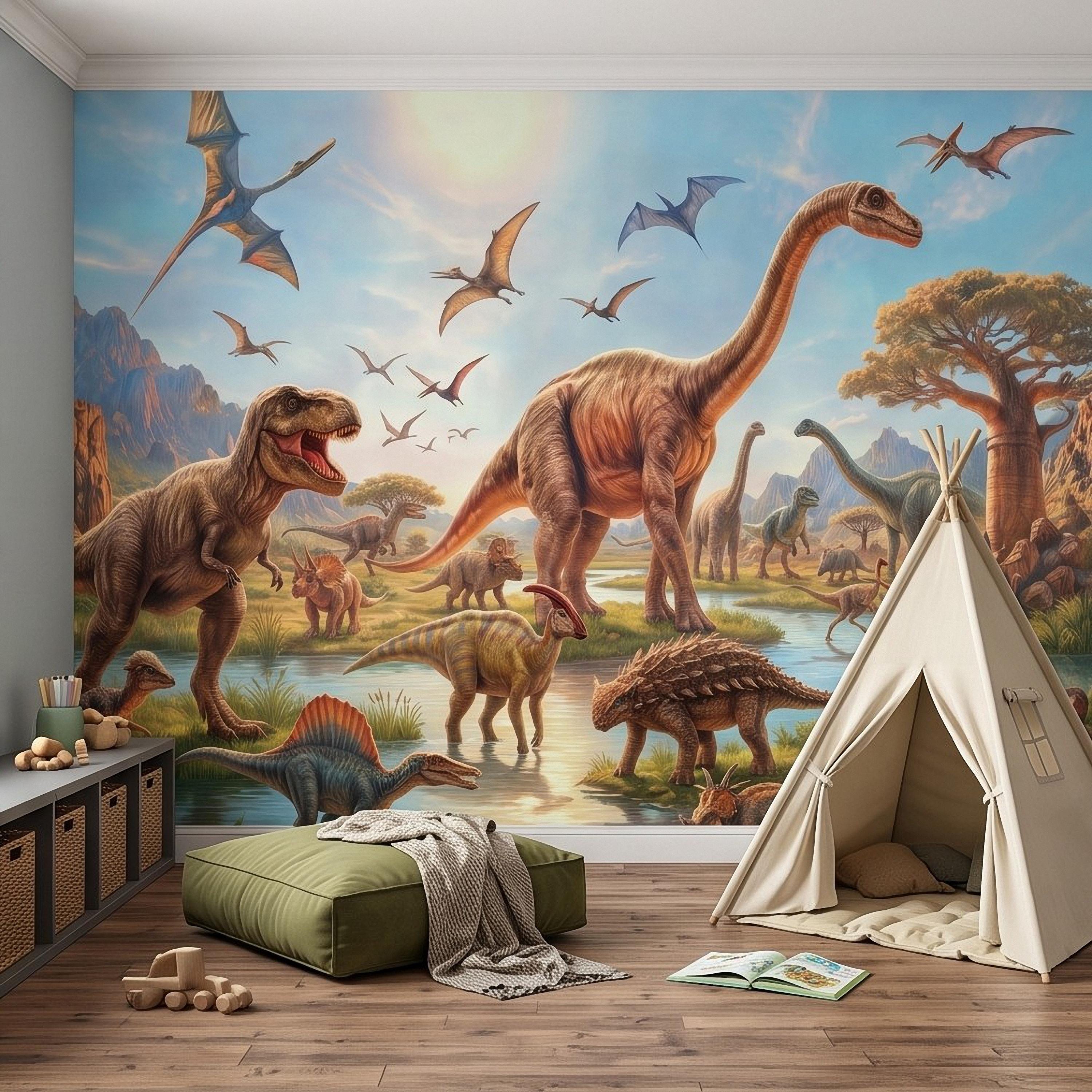 Dinosaur Adventure Peel and Stick Wall Mural, Prehistoric Jurassic Landscape Dinosaur World Kids Fantasy Scenic Illustration Wallpaper
