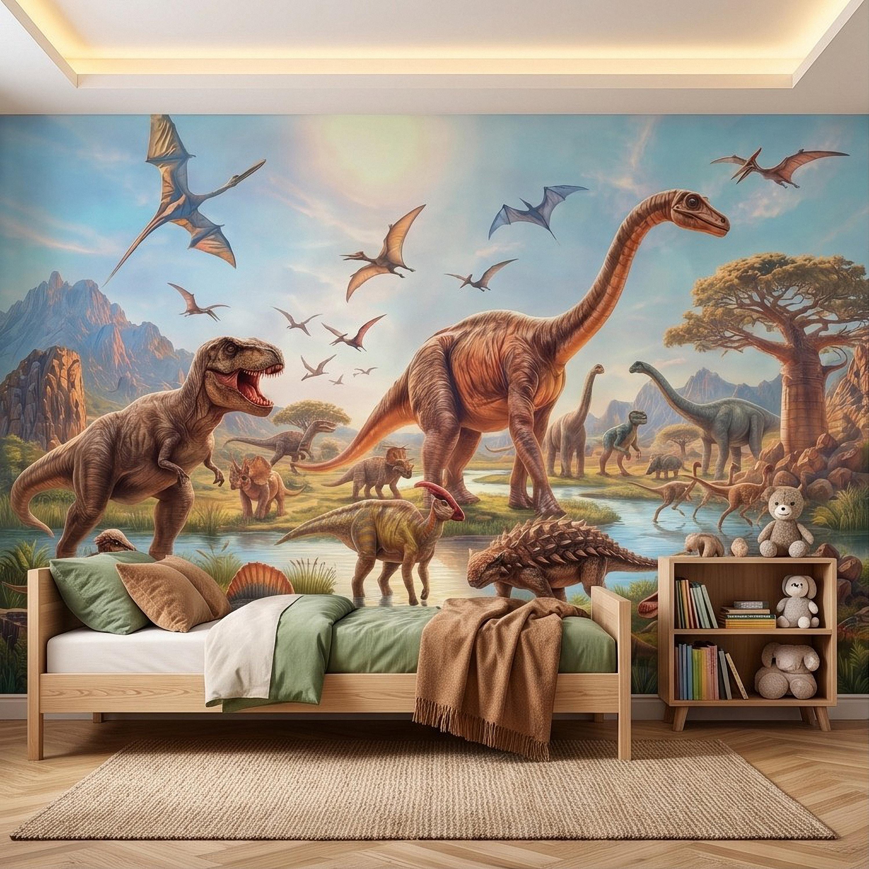 Dinosaur Adventure Peel and Stick Wall Mural, Prehistoric Jurassic Landscape Dinosaur World Kids Fantasy Scenic Illustration Wallpaper