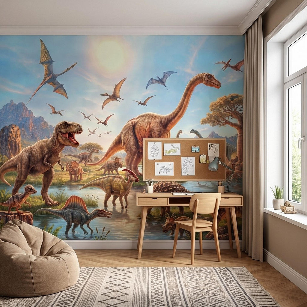 Dinosaur Adventure Peel and Stick Wall Mural, Prehistoric Jurassic Landscape Dinosaur World Kids Fantasy Scenic Illustration Wallpaper