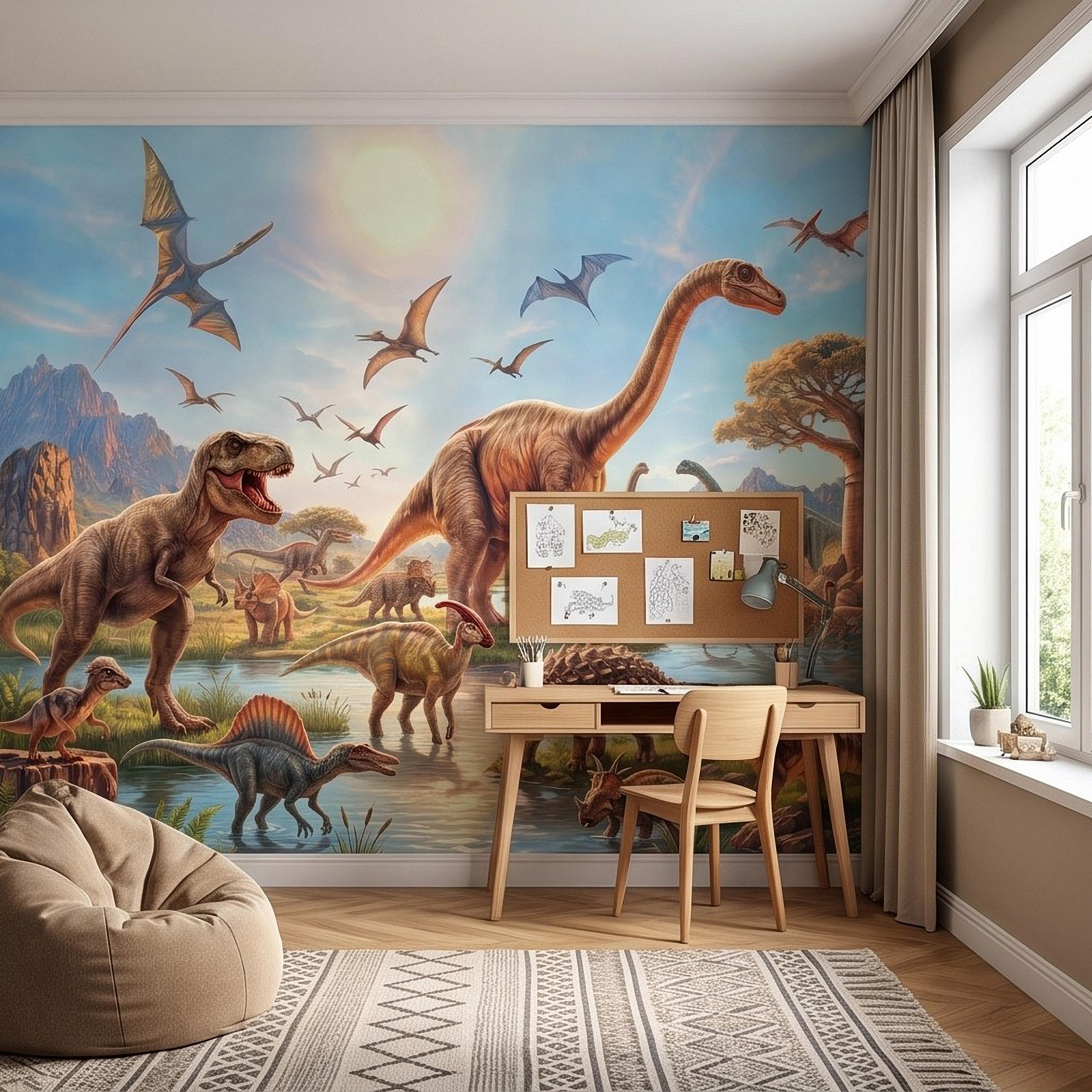 Dinosaur Adventure Peel and Stick Wall Mural, Prehistoric Jurassic Landscape Dinosaur World Kids Fantasy Scenic Illustration Wallpaper
