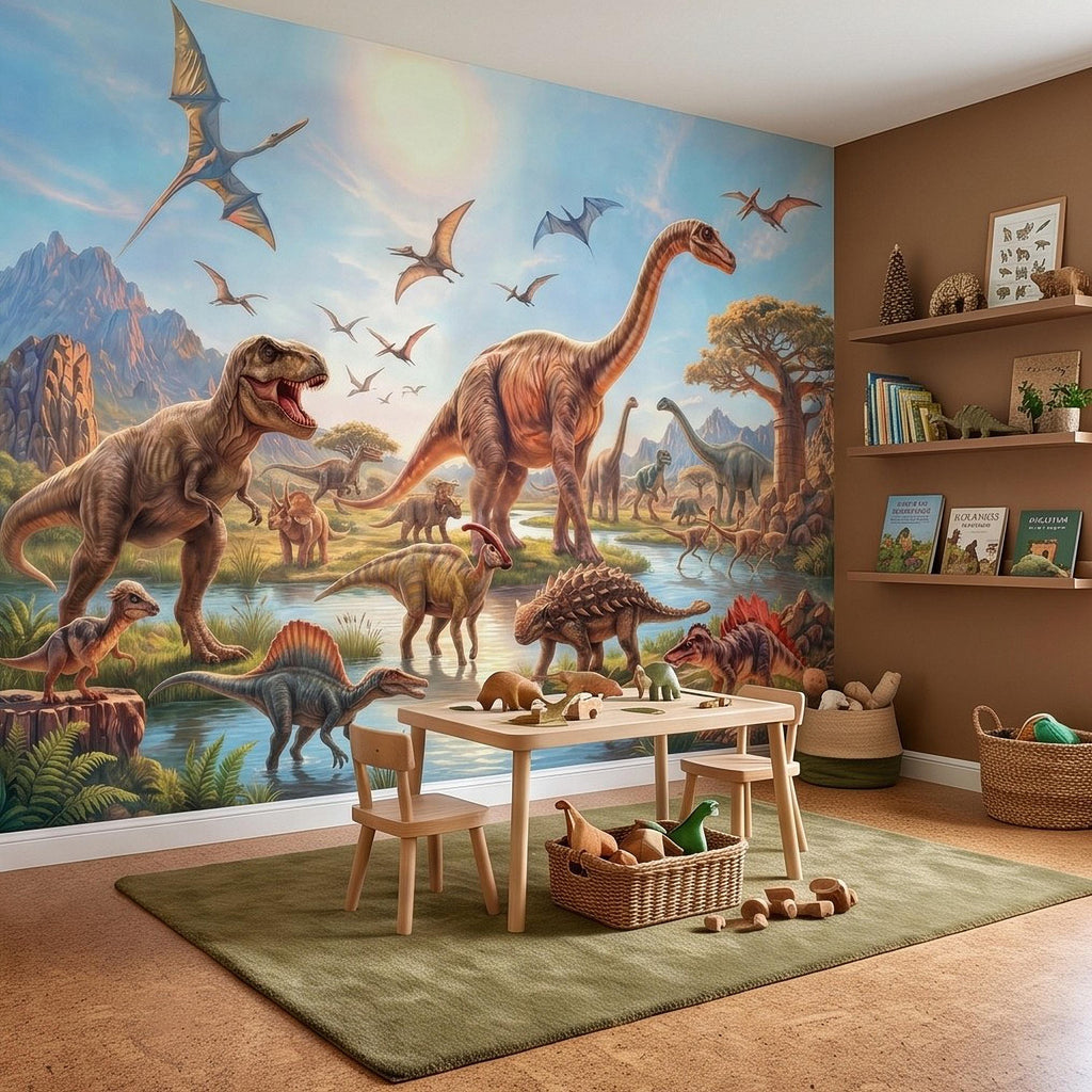 Dinosaur Adventure Peel and Stick Wall Mural, Prehistoric Jurassic Landscape Dinosaur World Kids Fantasy Scenic Illustration Wallpaper