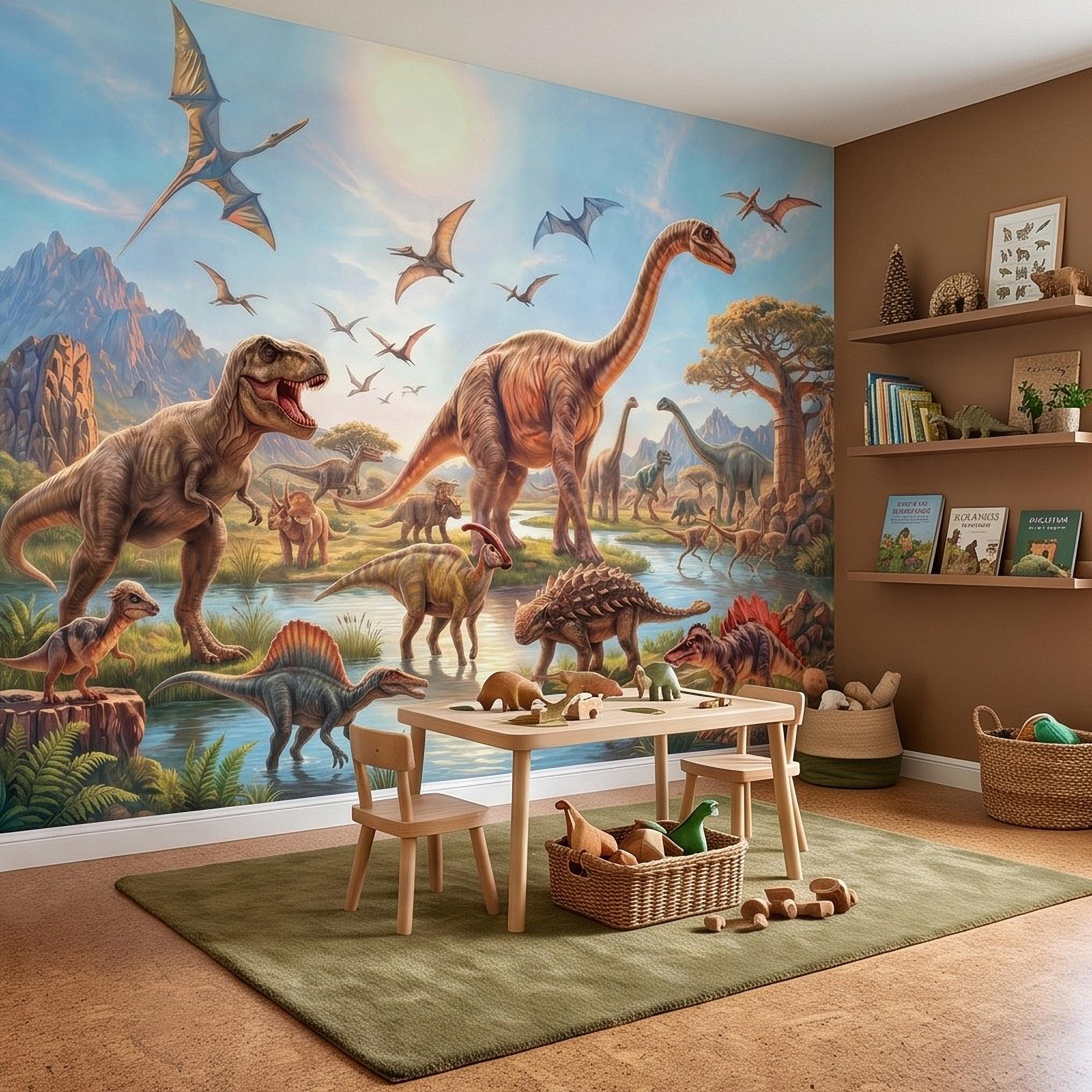Dinosaur Adventure Peel and Stick Wall Mural, Prehistoric Jurassic Landscape Dinosaur World Kids Fantasy Scenic Illustration Wallpaper