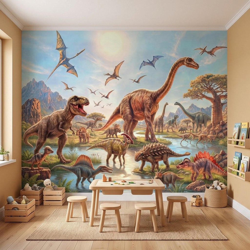 Dinosaur Adventure Peel and Stick Wall Mural, Prehistoric Jurassic Landscape Dinosaur World Kids Fantasy Scenic Illustration Wallpaper