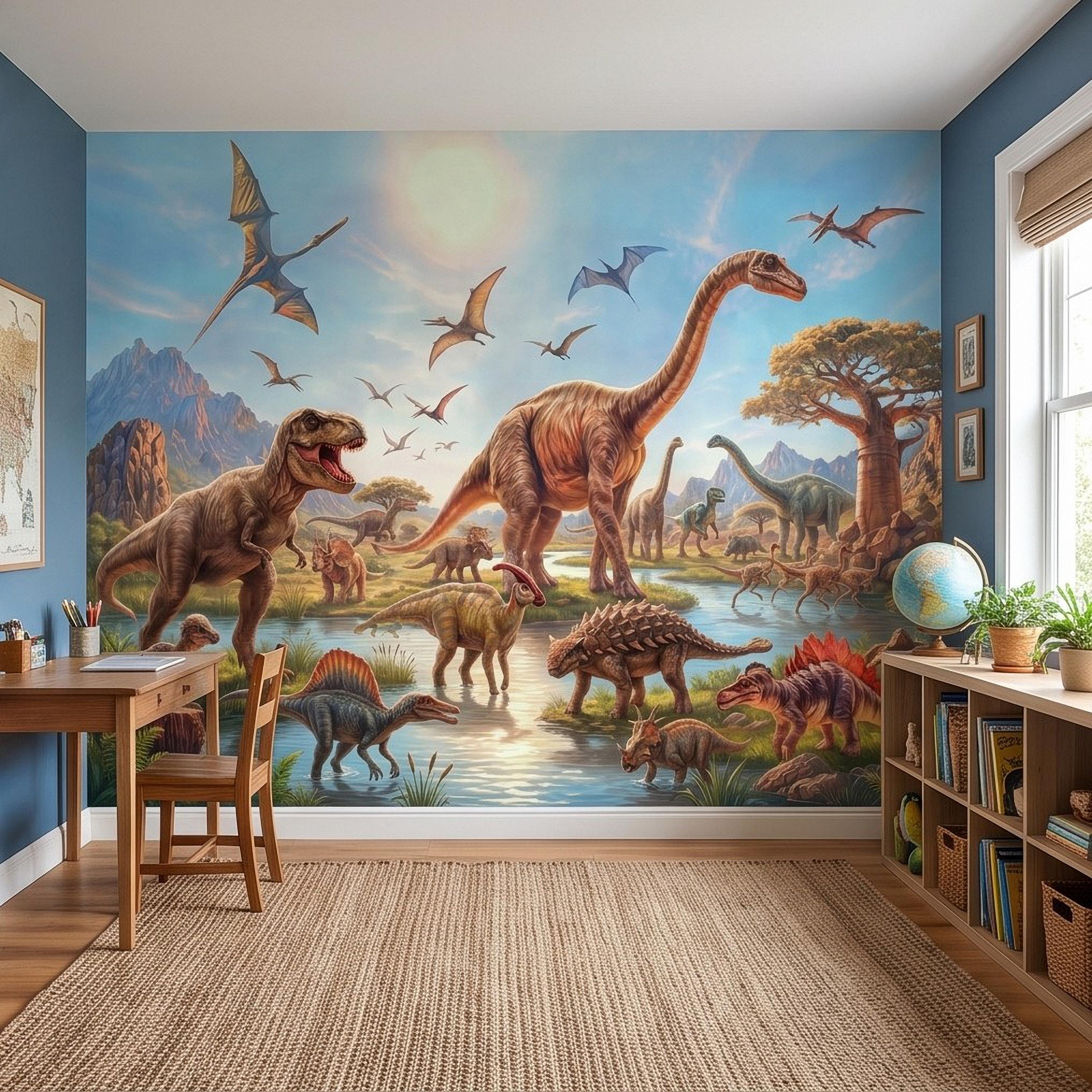 Dinosaur Adventure Peel and Stick Wall Mural, Prehistoric Jurassic Landscape Dinosaur World Kids Fantasy Scenic Illustration Wallpaper
