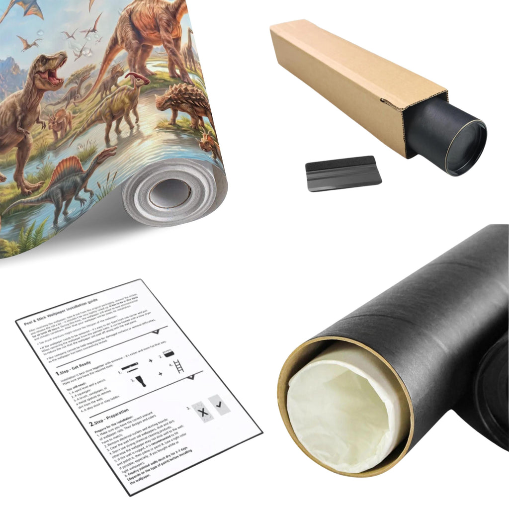 Dinosaur Adventure Peel and Stick Wall Mural, Prehistoric Jurassic Landscape Dinosaur World Kids Fantasy Scenic Illustration Wallpaper