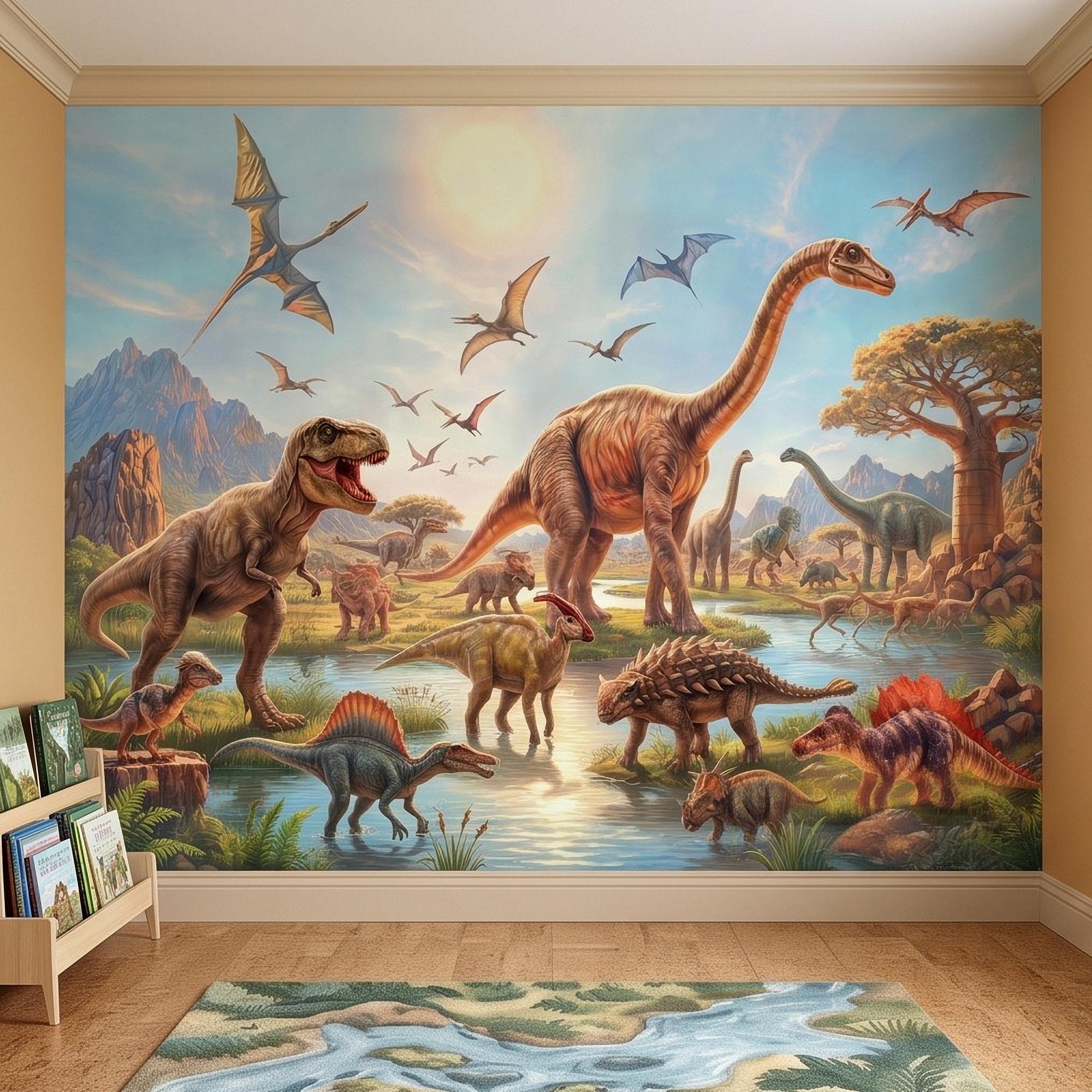 Dinosaur Adventure Peel and Stick Wall Mural, Prehistoric Jurassic Landscape Dinosaur World Kids Fantasy Scenic Illustration Wallpaper