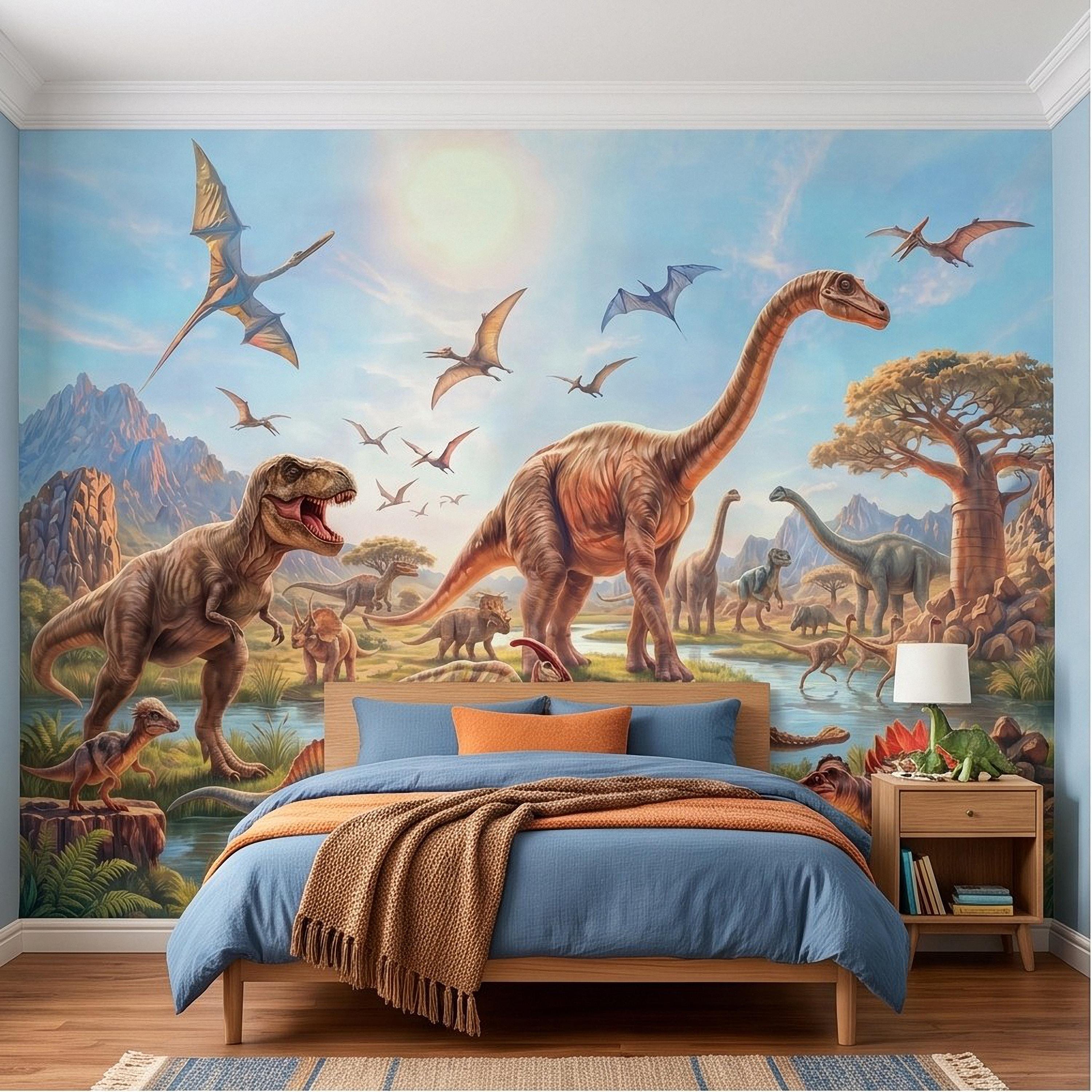 Dinosaur Adventure Peel and Stick Wall Mural, Prehistoric Jurassic Landscape Dinosaur World Kids Fantasy Scenic Illustration Wallpaper