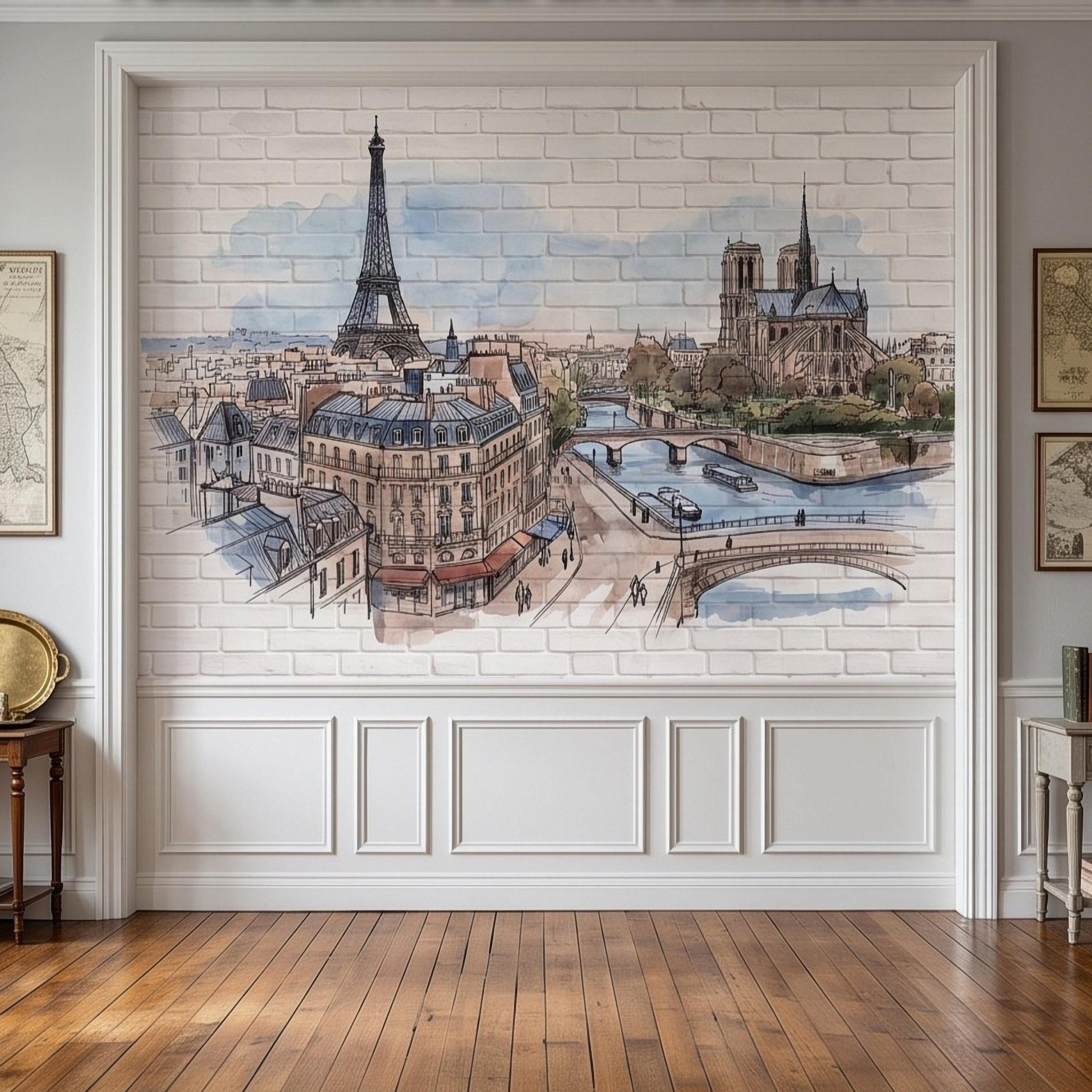 Paris Cityscape Peel and Stick Wall Mural, Eiffel Tower Notre Dame Watercolor Sketch French Architecture Wallpaper