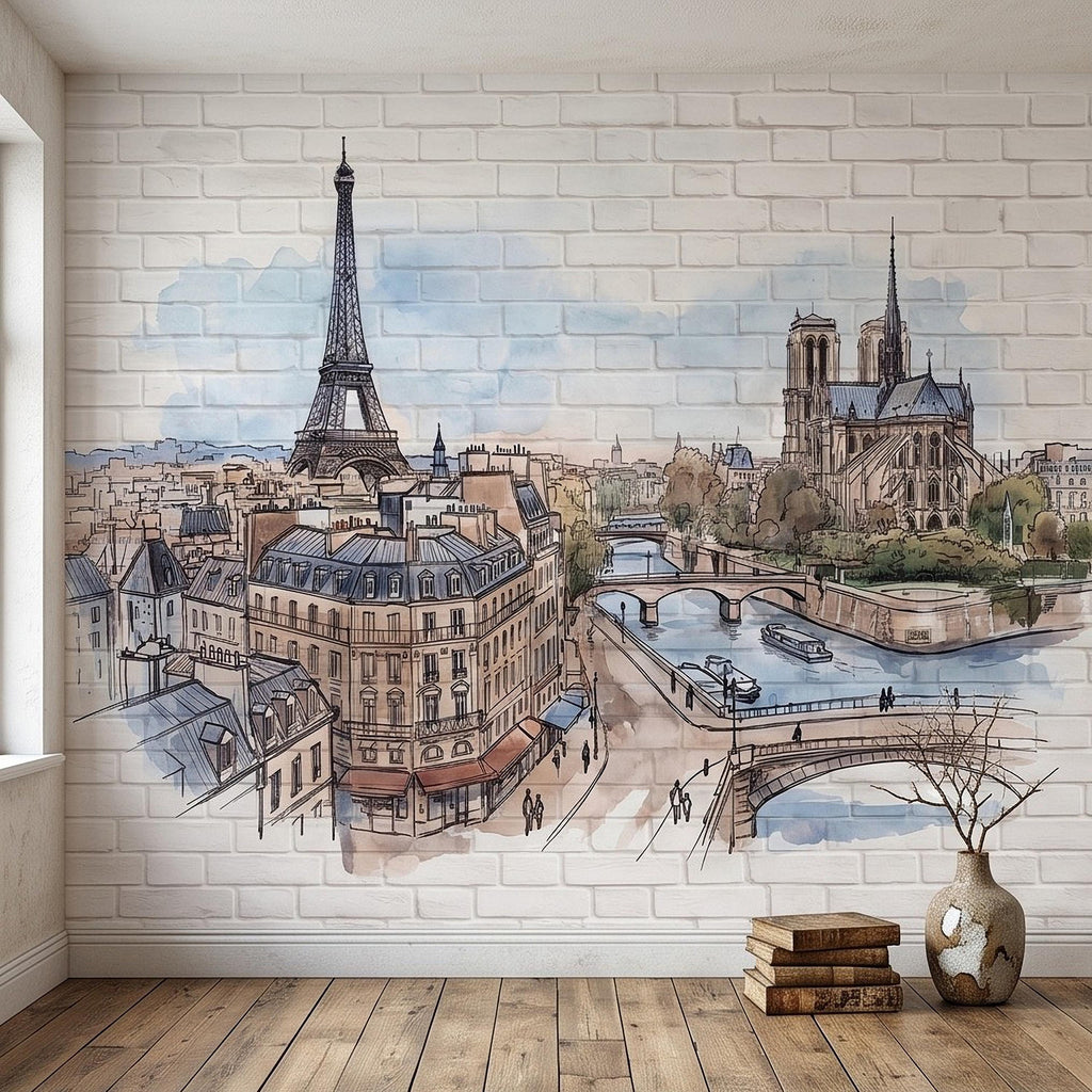Paris Cityscape Peel and Stick Wall Mural, Eiffel Tower Notre Dame Watercolor Sketch French Architecture Wallpaper