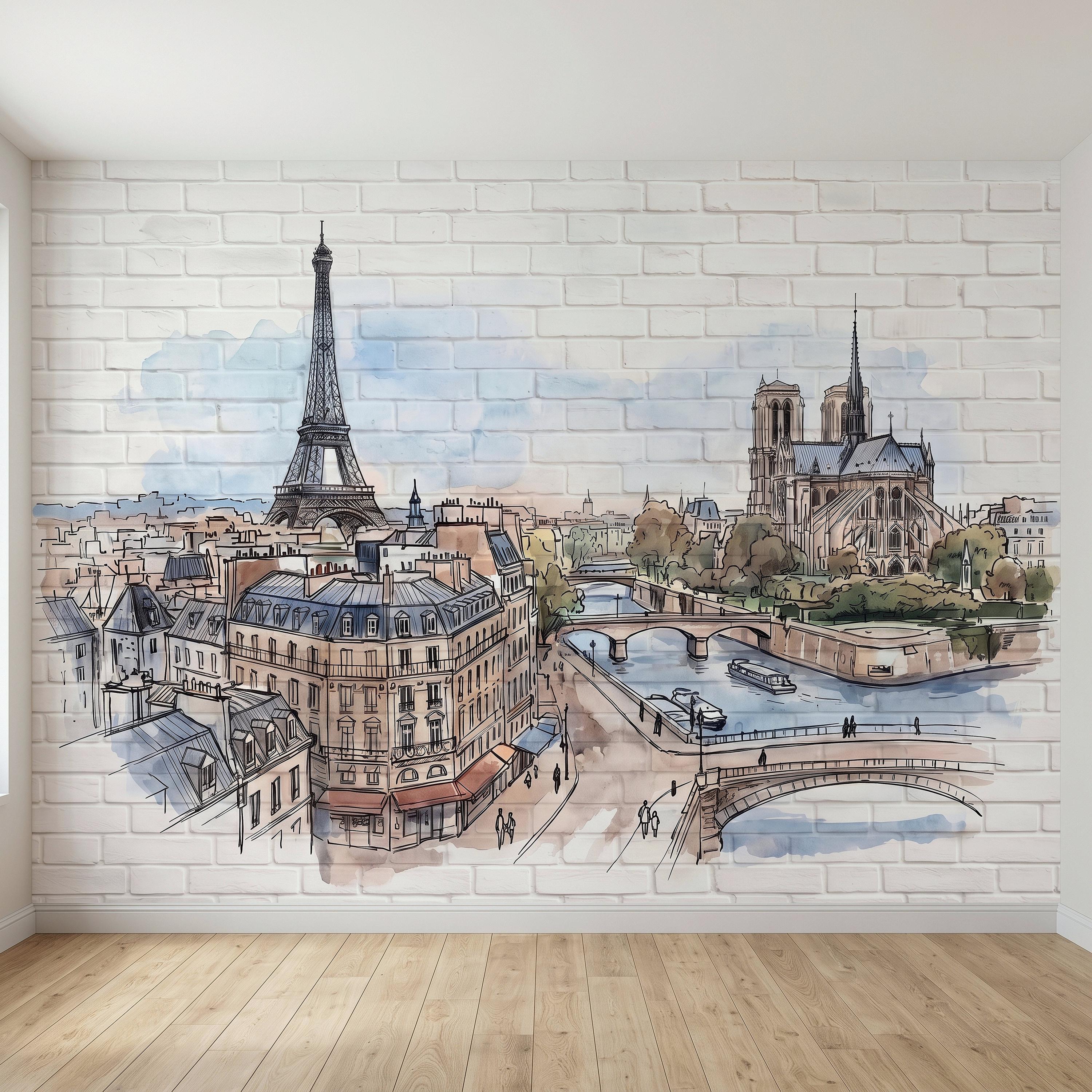 Paris Cityscape Peel and Stick Wall Mural, Eiffel Tower Notre Dame Watercolor Sketch French Architecture Wallpaper