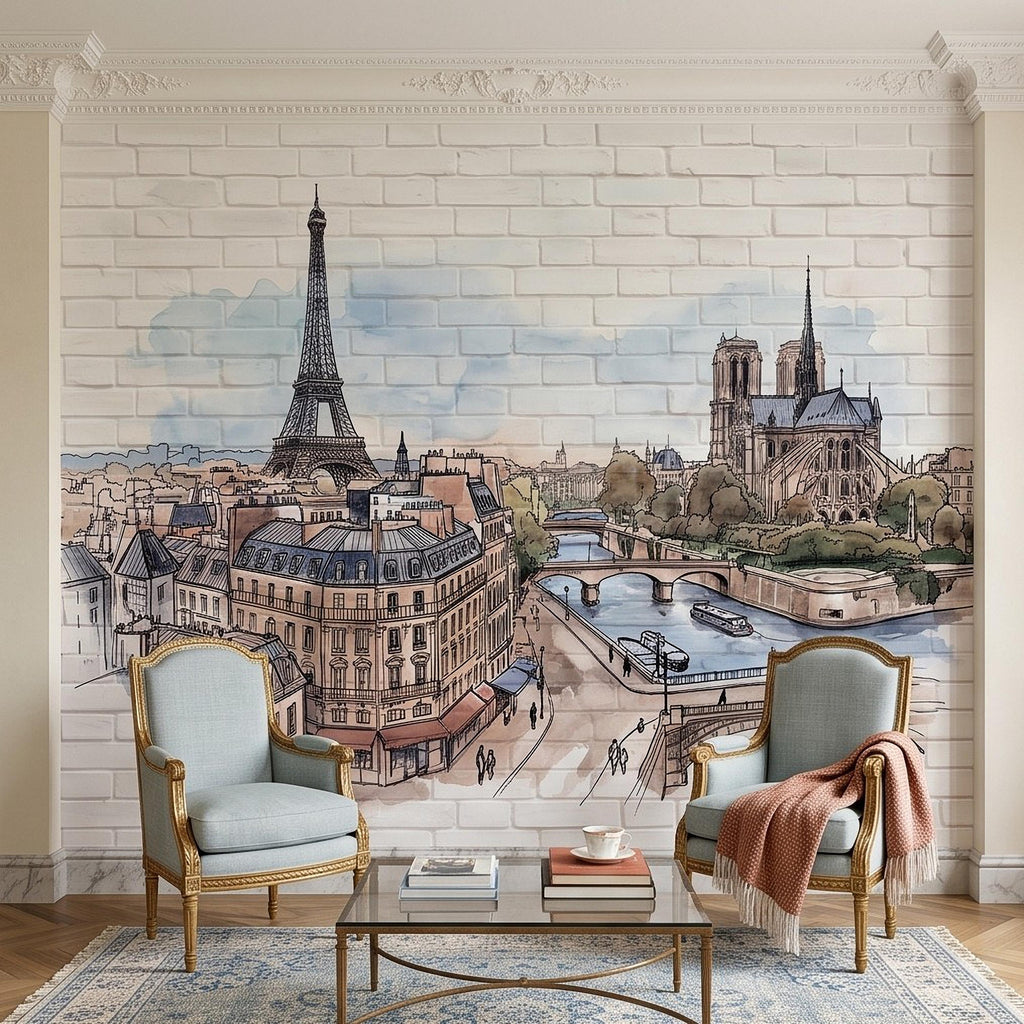 Paris Cityscape Peel and Stick Wall Mural, Eiffel Tower Notre Dame Watercolor Sketch French Architecture Wallpaper