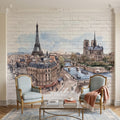 Paris Cityscape Peel and Stick Wall Mural, Eiffel Tower Notre Dame Watercolor Sketch French Architecture Wallpaper