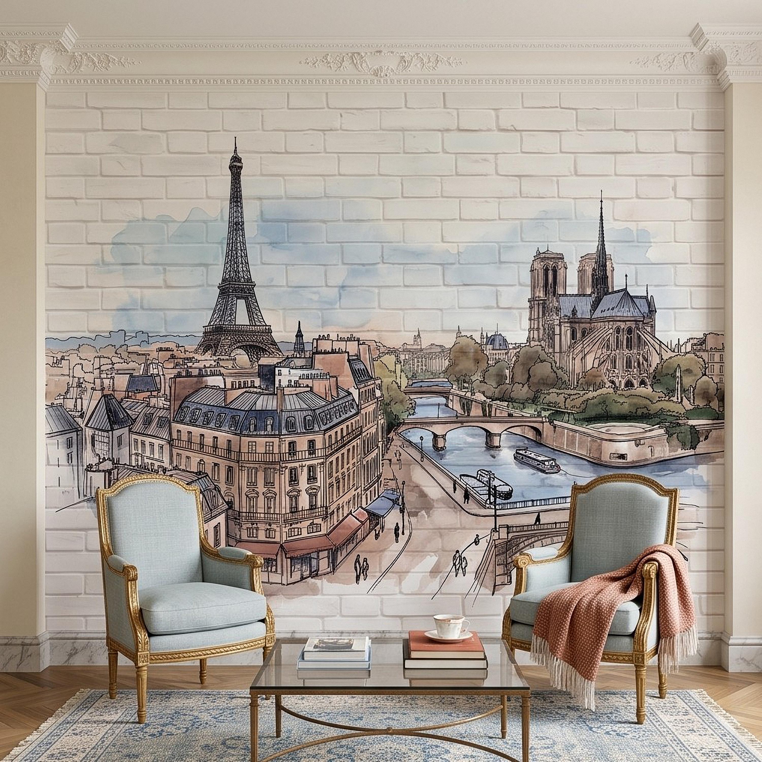 Paris Cityscape Peel and Stick Wall Mural, Eiffel Tower Notre Dame Watercolor Sketch French Architecture Wallpaper