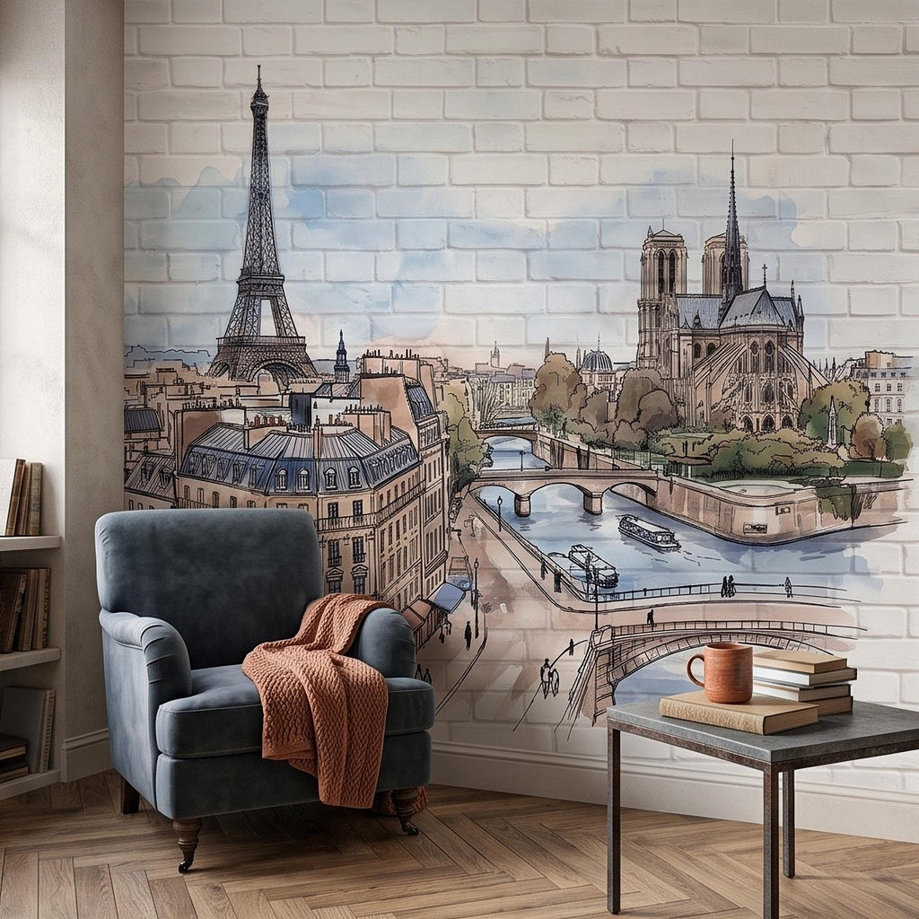Paris Cityscape Peel and Stick Wall Mural, Eiffel Tower Notre Dame Watercolor Sketch French Architecture Wallpaper