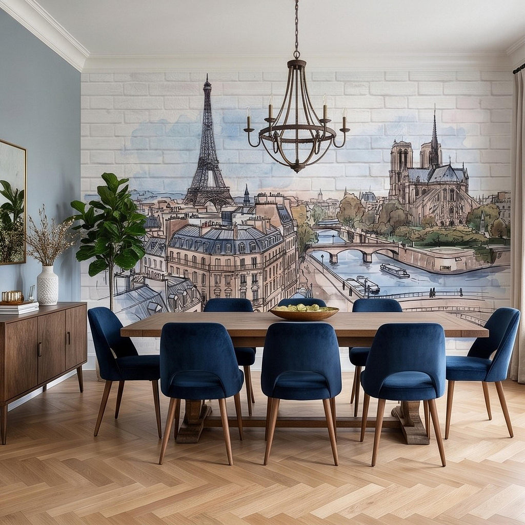 Paris Cityscape Peel and Stick Wall Mural, Eiffel Tower Notre Dame Watercolor Sketch French Architecture Wallpaper