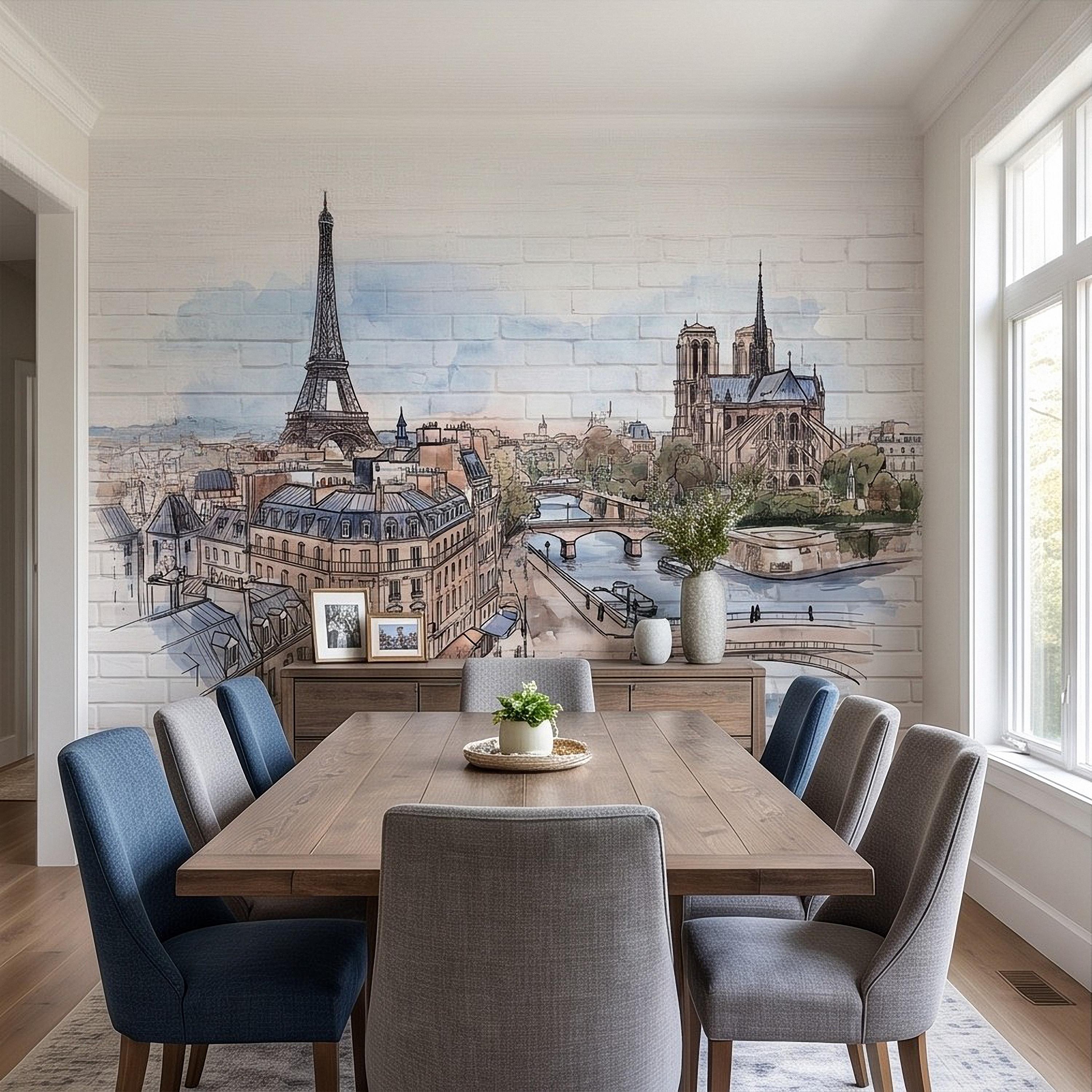 Paris Cityscape Peel and Stick Wall Mural, Eiffel Tower Notre Dame Watercolor Sketch French Architecture Wallpaper