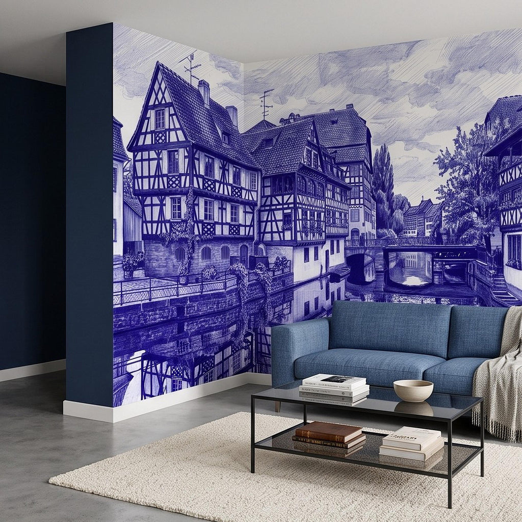 European Village Peel and Stick Wall Mural, Blue Ink Sketch Timbered Houses Canal Old Town Architecture Vintage Scenic Drawing Wallpaper