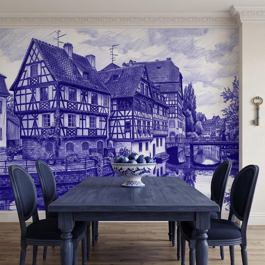 European Village Peel and Stick Wall Mural, Blue Ink Sketch Timbered Houses Canal Old Town Architecture Vintage Scenic Drawing Wallpaper