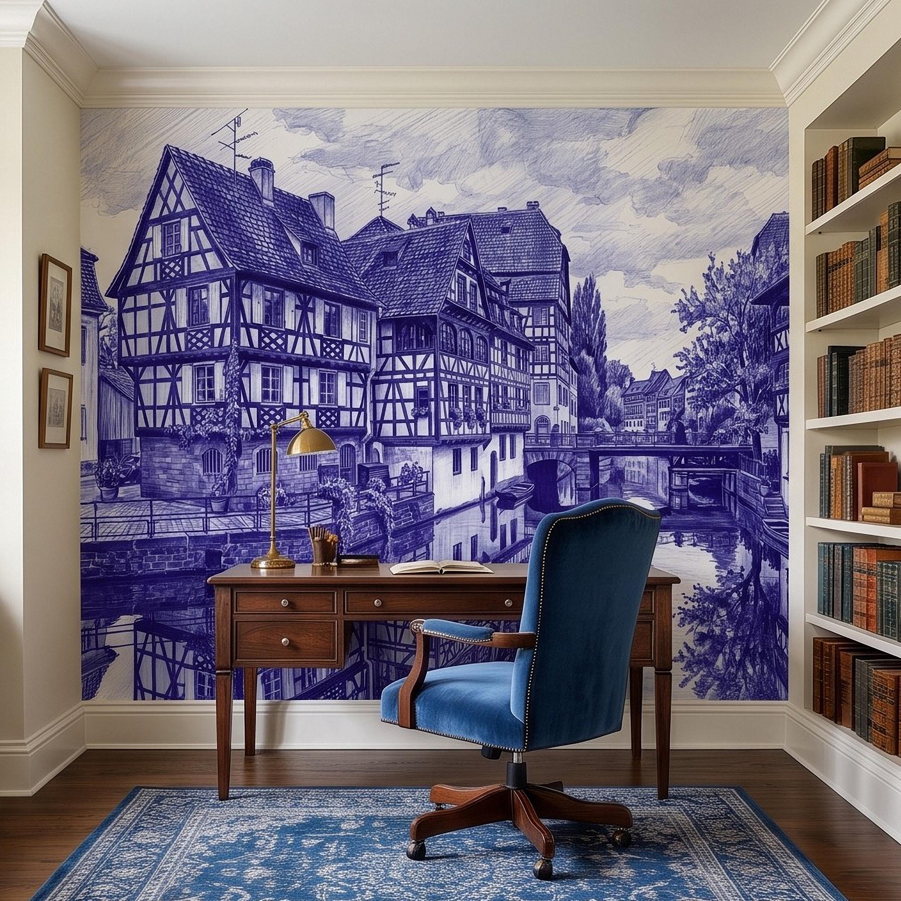 European Village Peel and Stick Wall Mural, Blue Ink Sketch Timbered Houses Canal Old Town Architecture Vintage Scenic Drawing Wallpaper