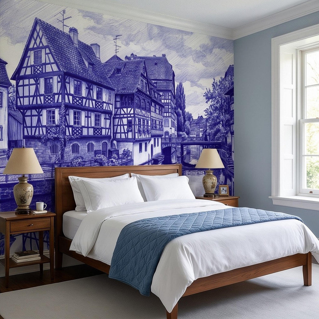 European Village Peel and Stick Wall Mural, Blue Ink Sketch Timbered Houses Canal Old Town Architecture Vintage Scenic Drawing Wallpaper