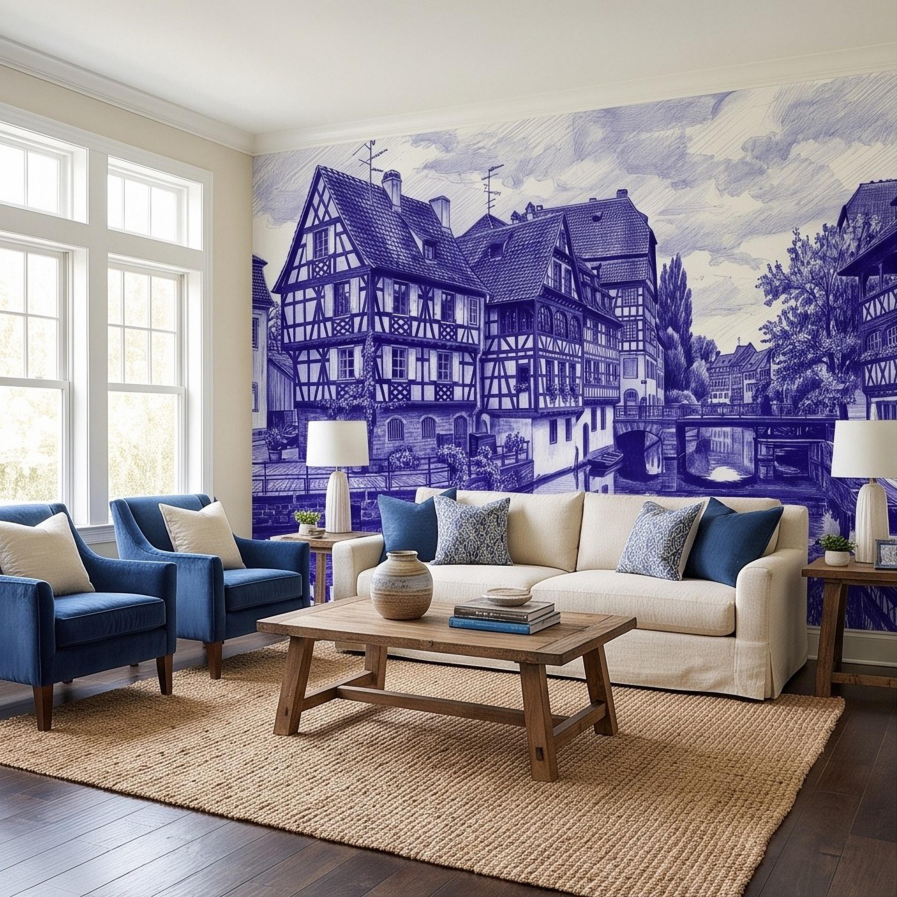 European Village Peel and Stick Wall Mural, Blue Ink Sketch Timbered Houses Canal Old Town Architecture Vintage Scenic Drawing Wallpaper