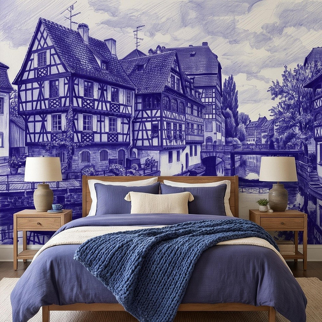 European Village Peel and Stick Wall Mural, Blue Ink Sketch Timbered Houses Canal Old Town Architecture Vintage Scenic Drawing Wallpaper