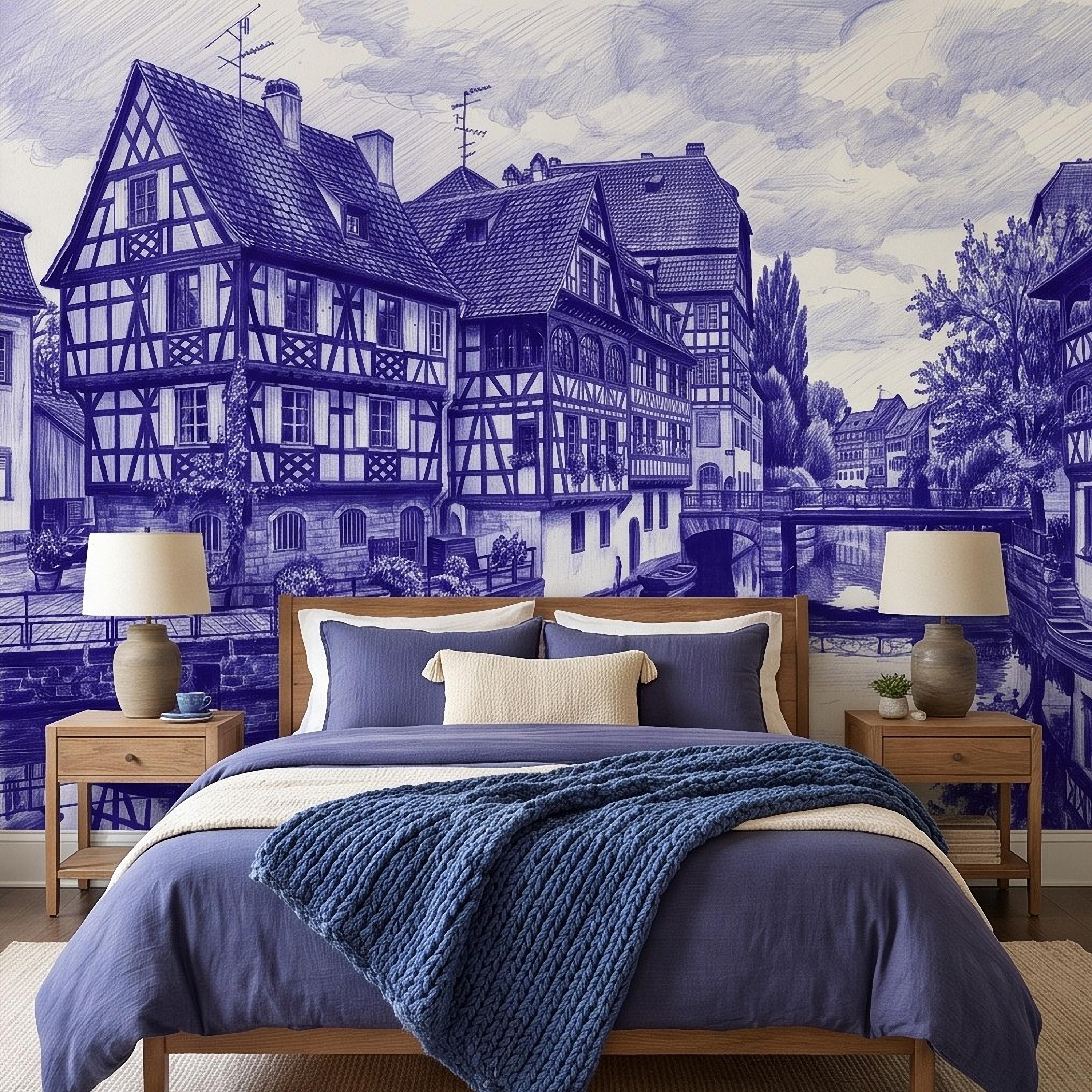 European Village Peel and Stick Wall Mural, Blue Ink Sketch Timbered Houses Canal Old Town Architecture Vintage Scenic Drawing Wallpaper