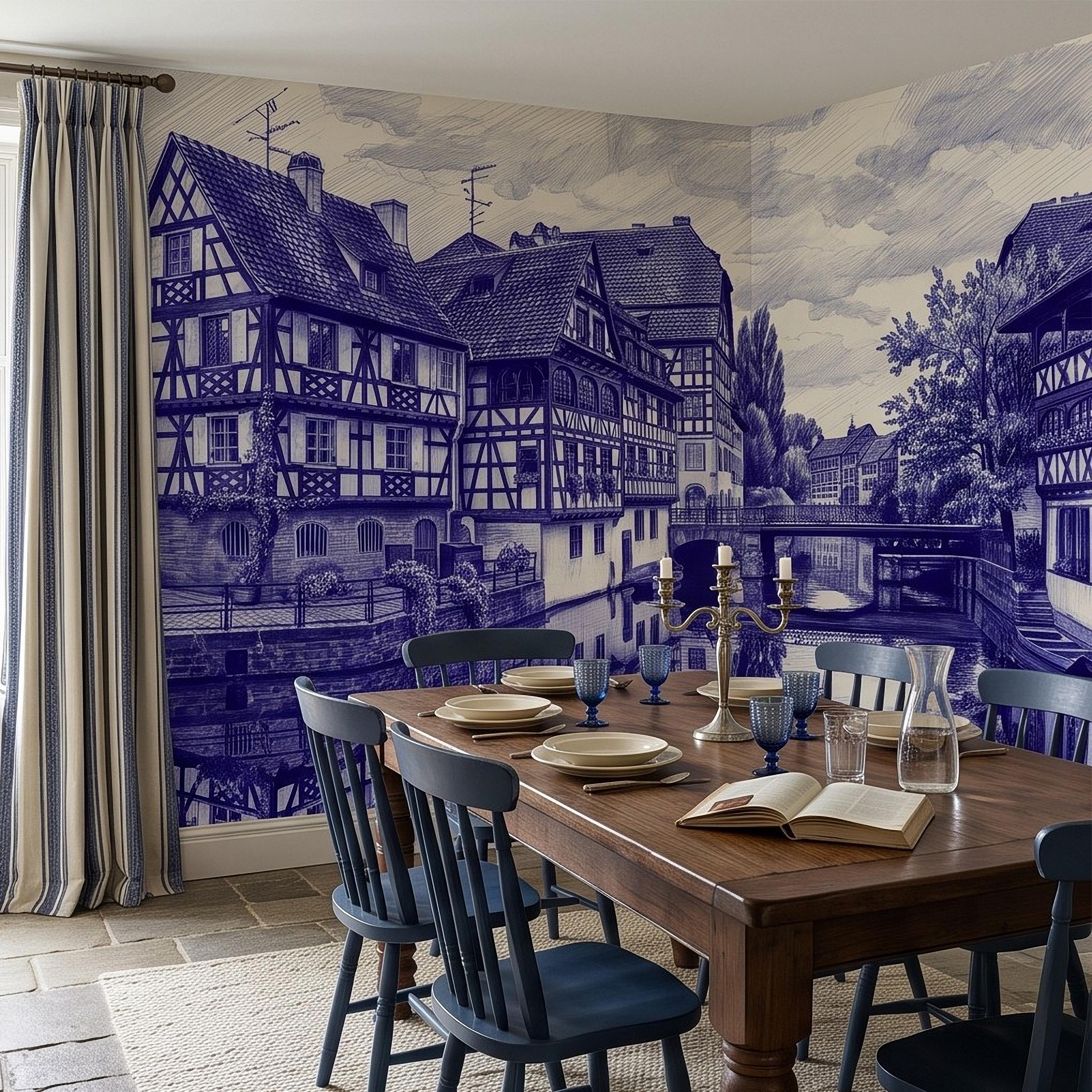 European Village Peel and Stick Wall Mural, Blue Ink Sketch Timbered Houses Canal Old Town Architecture Vintage Scenic Drawing Wallpaper