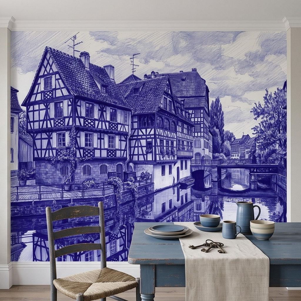 European Village Peel and Stick Wall Mural, Blue Ink Sketch Timbered Houses Canal Old Town Architecture Vintage Scenic Drawing Wallpaper