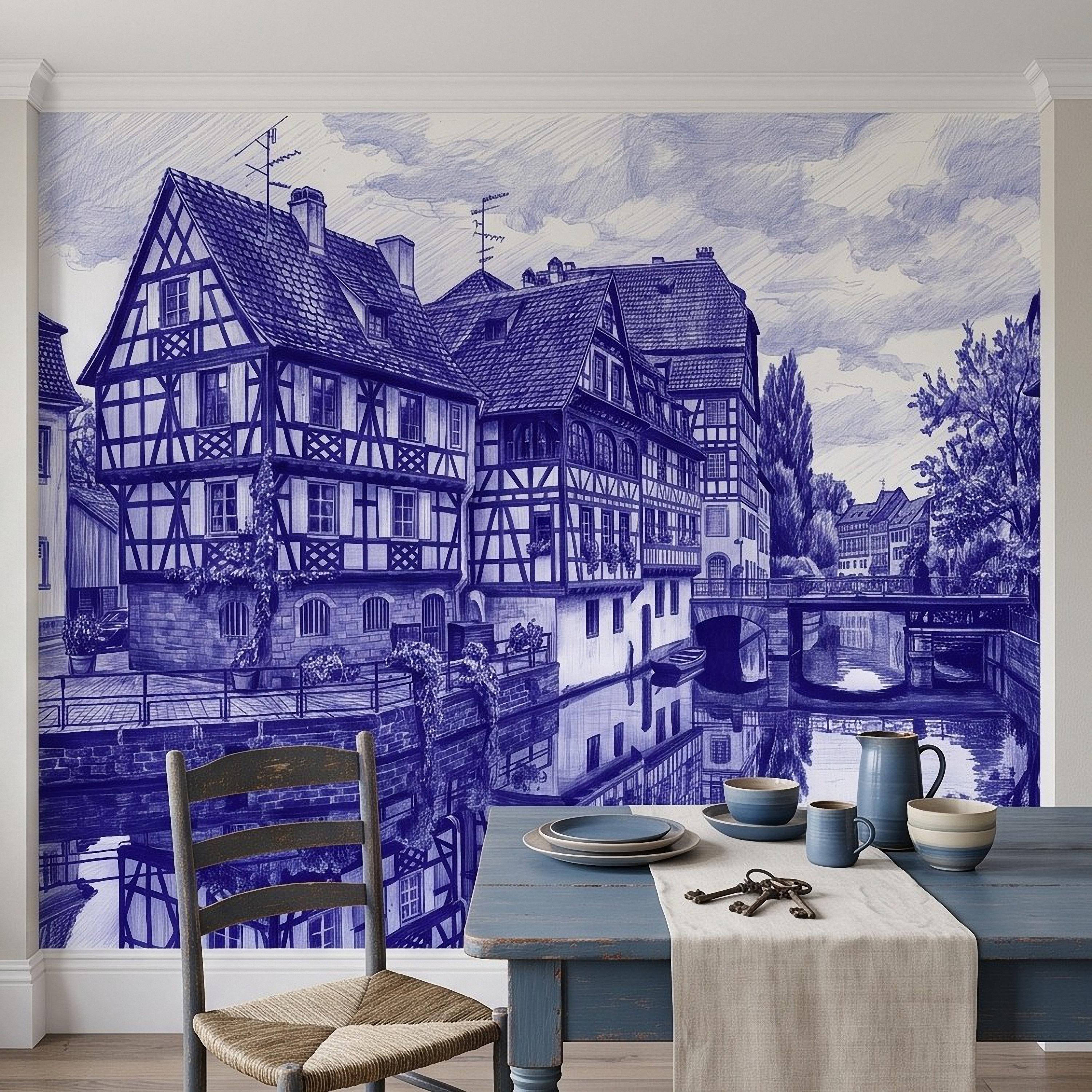 European Village Peel and Stick Wall Mural, Blue Ink Sketch Timbered Houses Canal Old Town Architecture Vintage Scenic Drawing Wallpaper