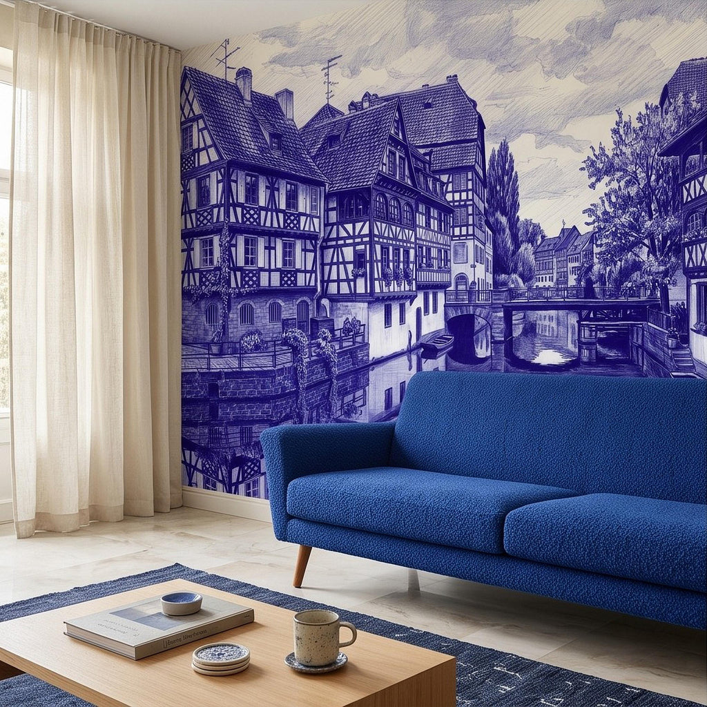 European Village Peel and Stick Wall Mural, Blue Ink Sketch Timbered Houses Canal Old Town Architecture Vintage Scenic Drawing Wallpaper