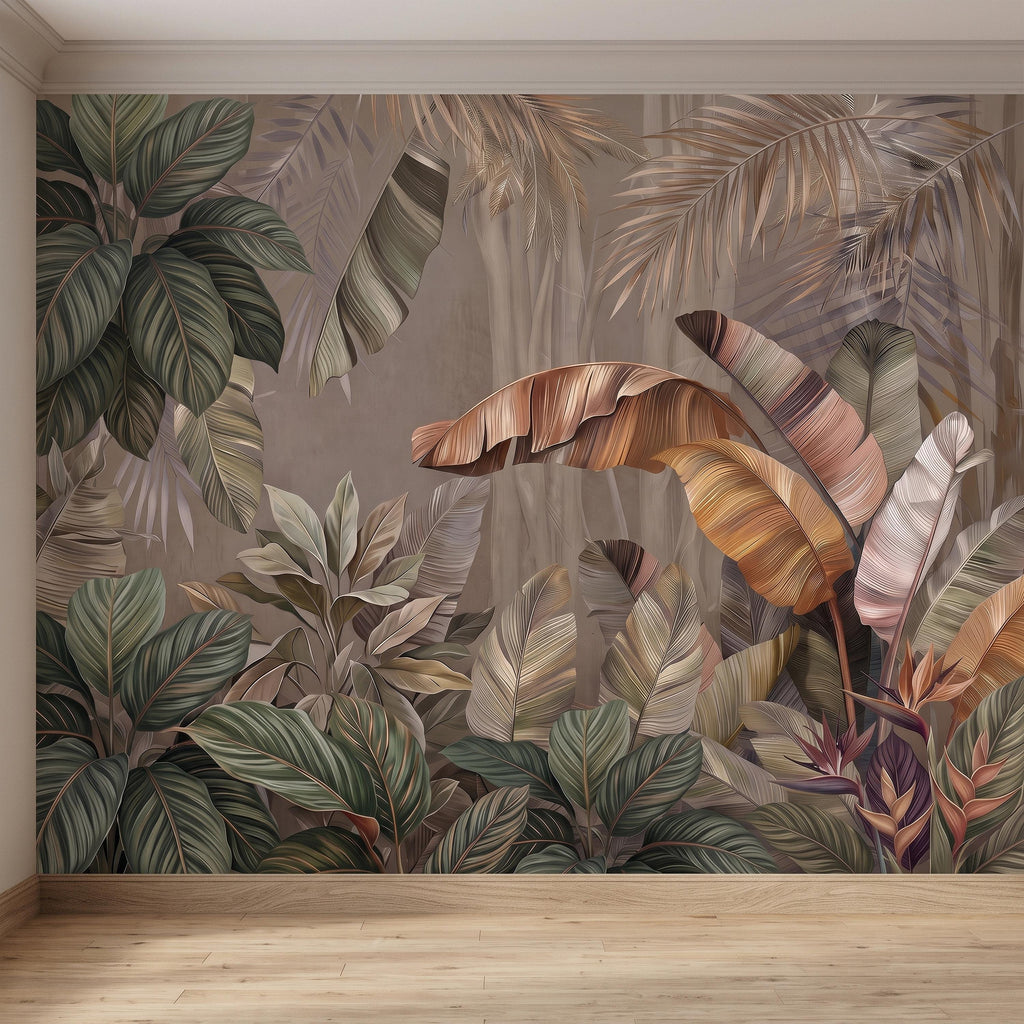 Neutral Tropical Botanical Peel and Stick Wall Mural, Banana Palm Leaves Exotic Foliage Earthy Nature Wallpaper