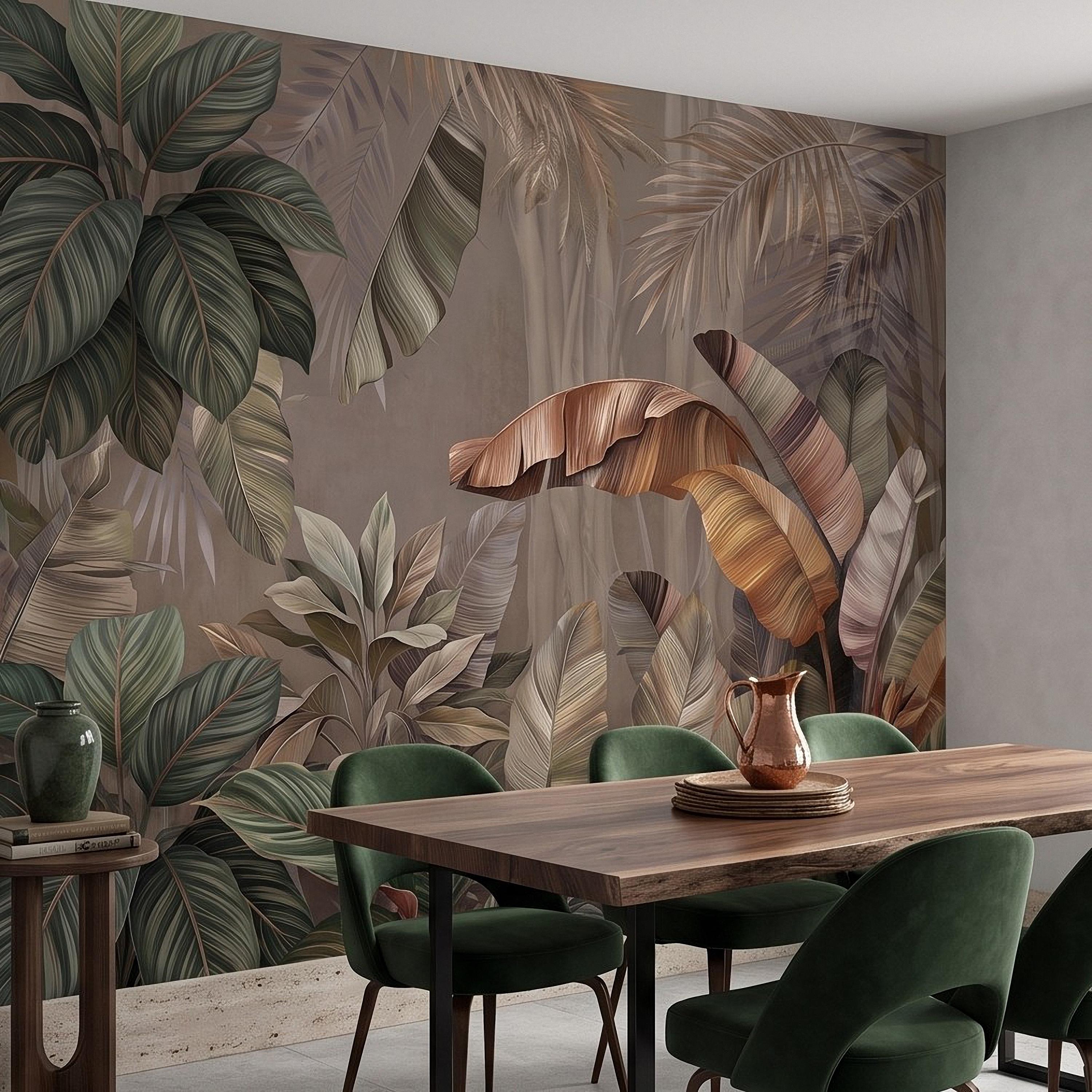 Neutral Tropical Botanical Peel and Stick Wall Mural, Banana Palm Leaves Exotic Foliage Earthy Nature Wallpaper