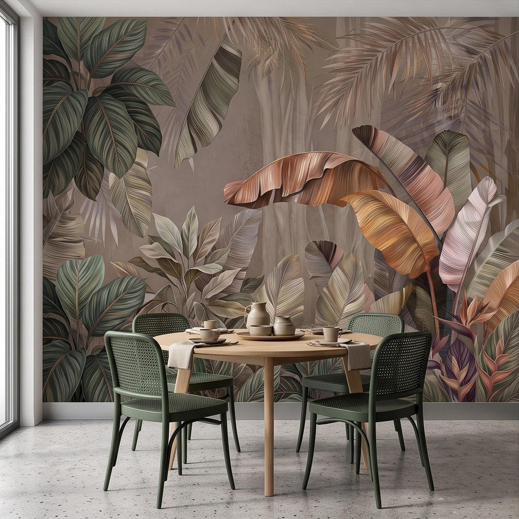 Neutral Tropical Botanical Peel and Stick Wall Mural, Banana Palm Leaves Exotic Foliage Earthy Nature Wallpaper