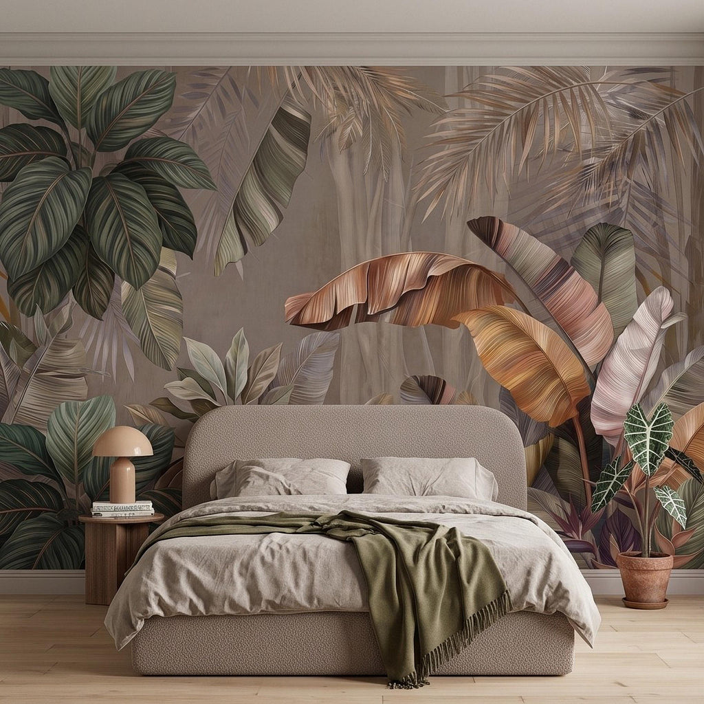 Neutral Tropical Botanical Peel and Stick Wall Mural, Banana Palm Leaves Exotic Foliage Earthy Nature Wallpaper