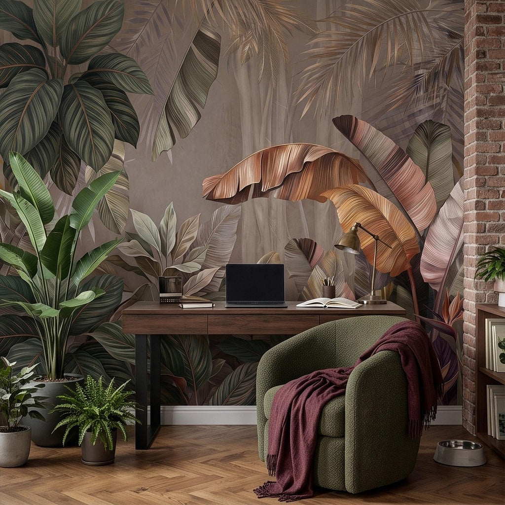 Neutral Tropical Botanical Peel and Stick Wall Mural, Banana Palm Leaves Exotic Foliage Earthy Nature Wallpaper